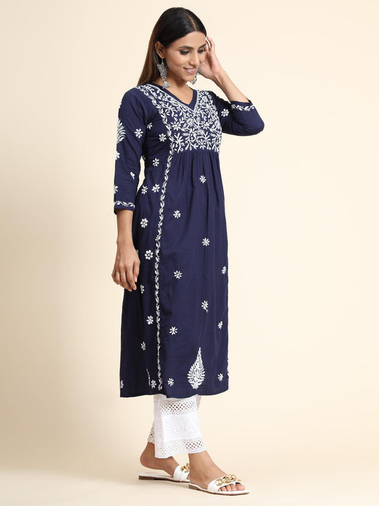 Hand embroidery Chikankari V neck Anarkali Dress | Long Kurti in Cotton For Women - House Of Kari (Chikankari Clothing)