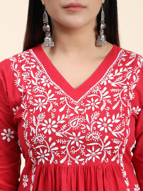 Bhavdeep in Hand Embroidery Chikankari Long Kurti for Women Red - House Of Kari (Chikankari Clothing)