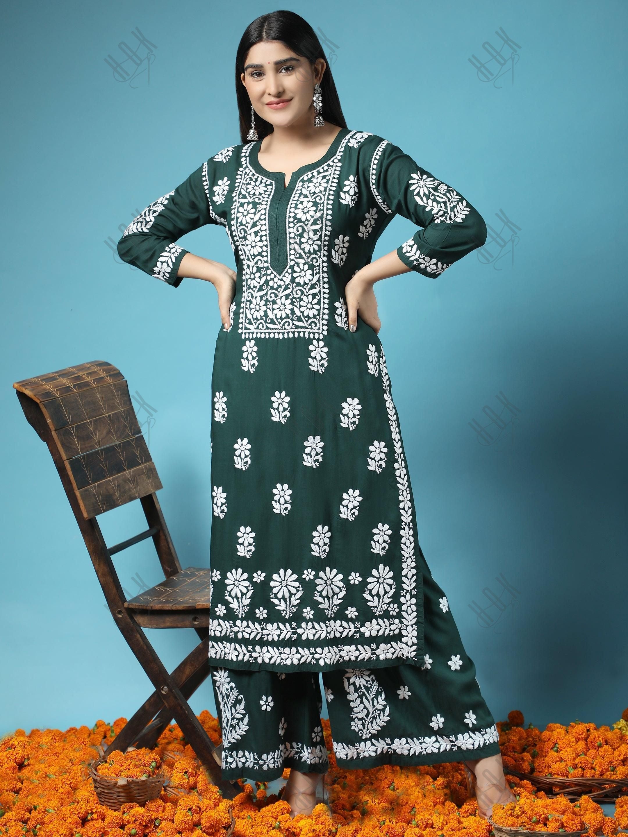 Bhavdeep in Green Hand Embroidered Floral Printed Chikankari Co-ord Set