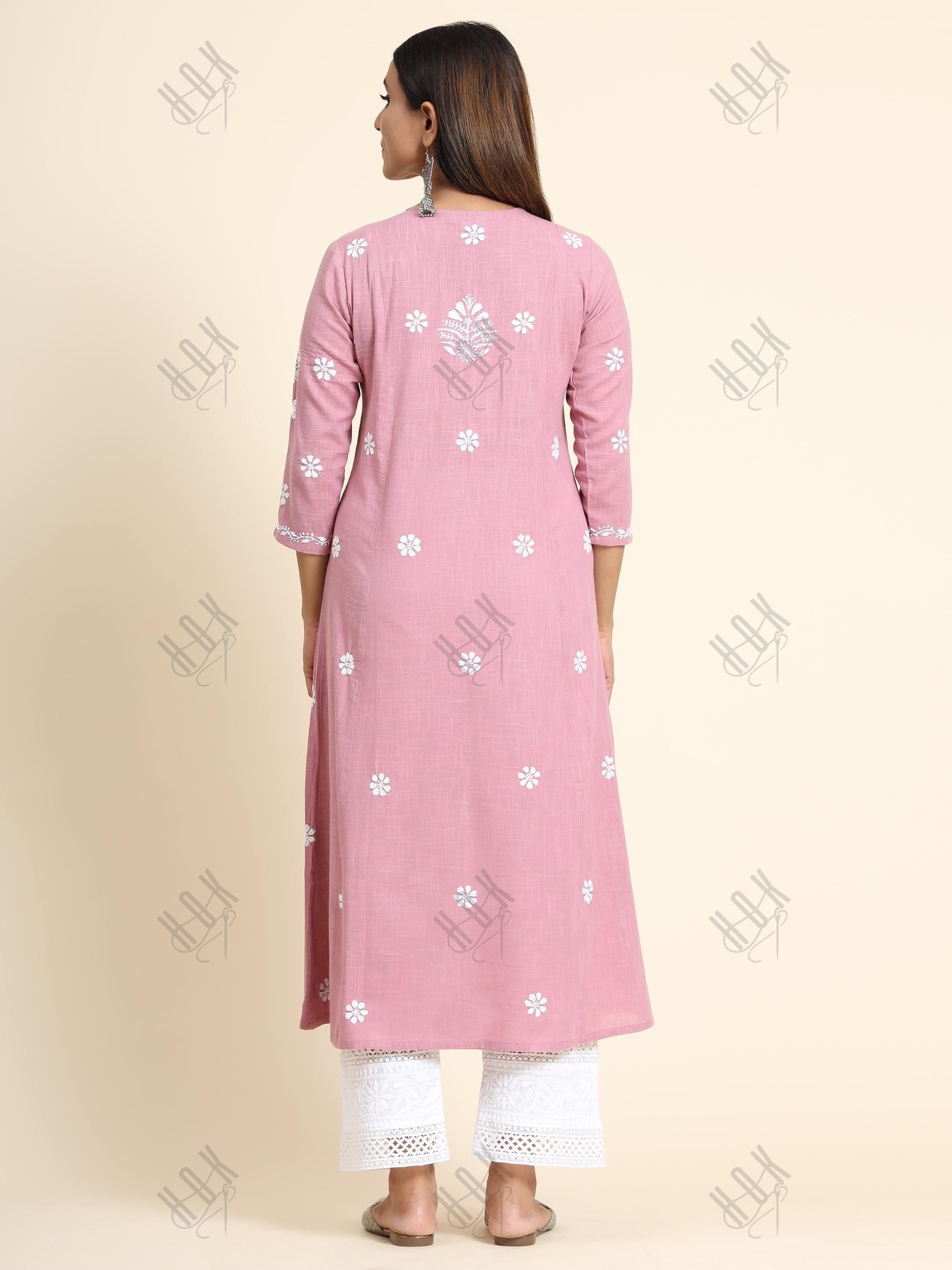 Sharmin in Hand Embroidery Chikankari Long Kurti for Women Peach - House Of Kari (Chikankari Clothing)