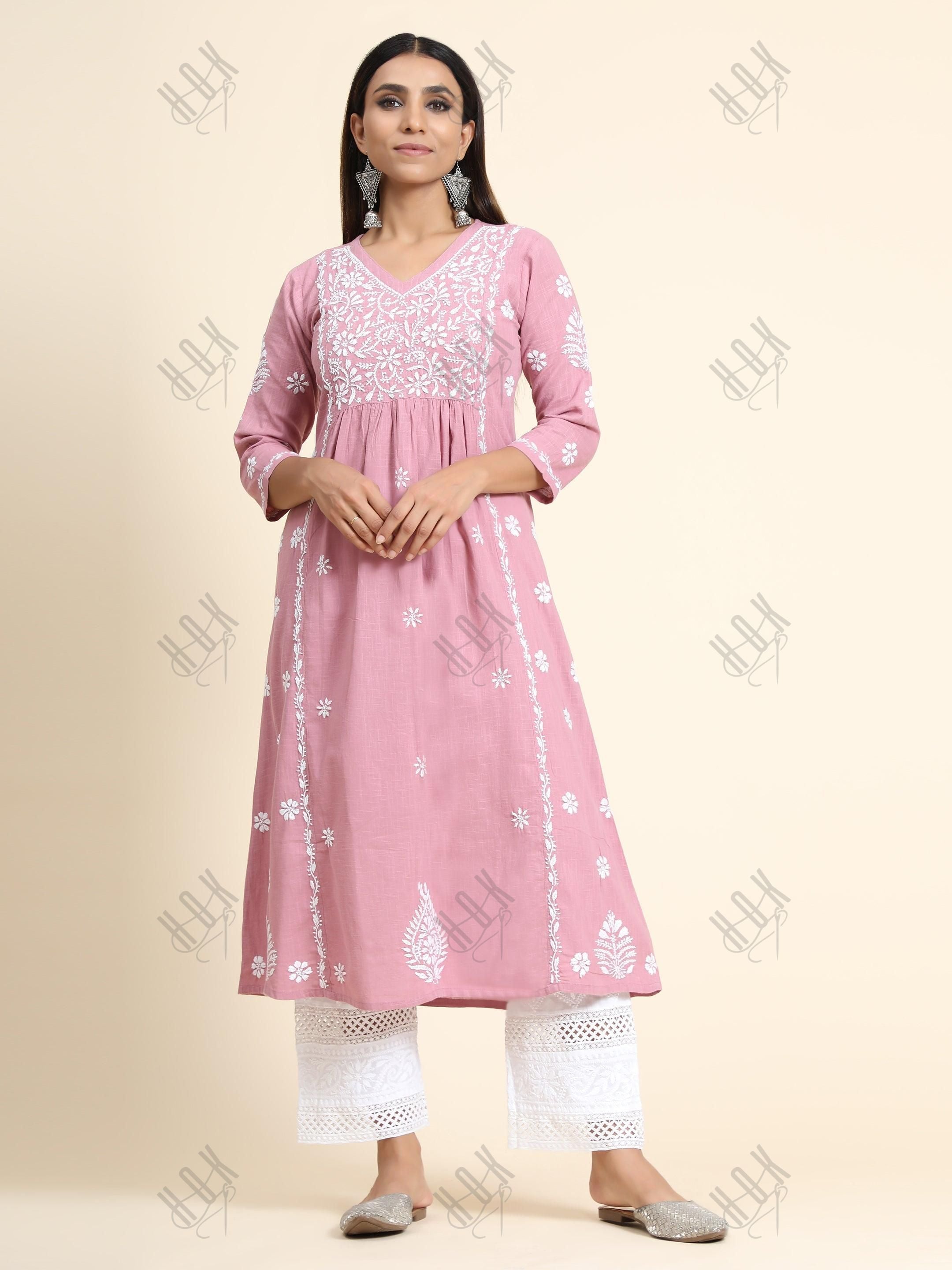 Sharmin in Hand Embroidery Chikankari Long Kurti for Women Peach - House Of Kari (Chikankari Clothing)