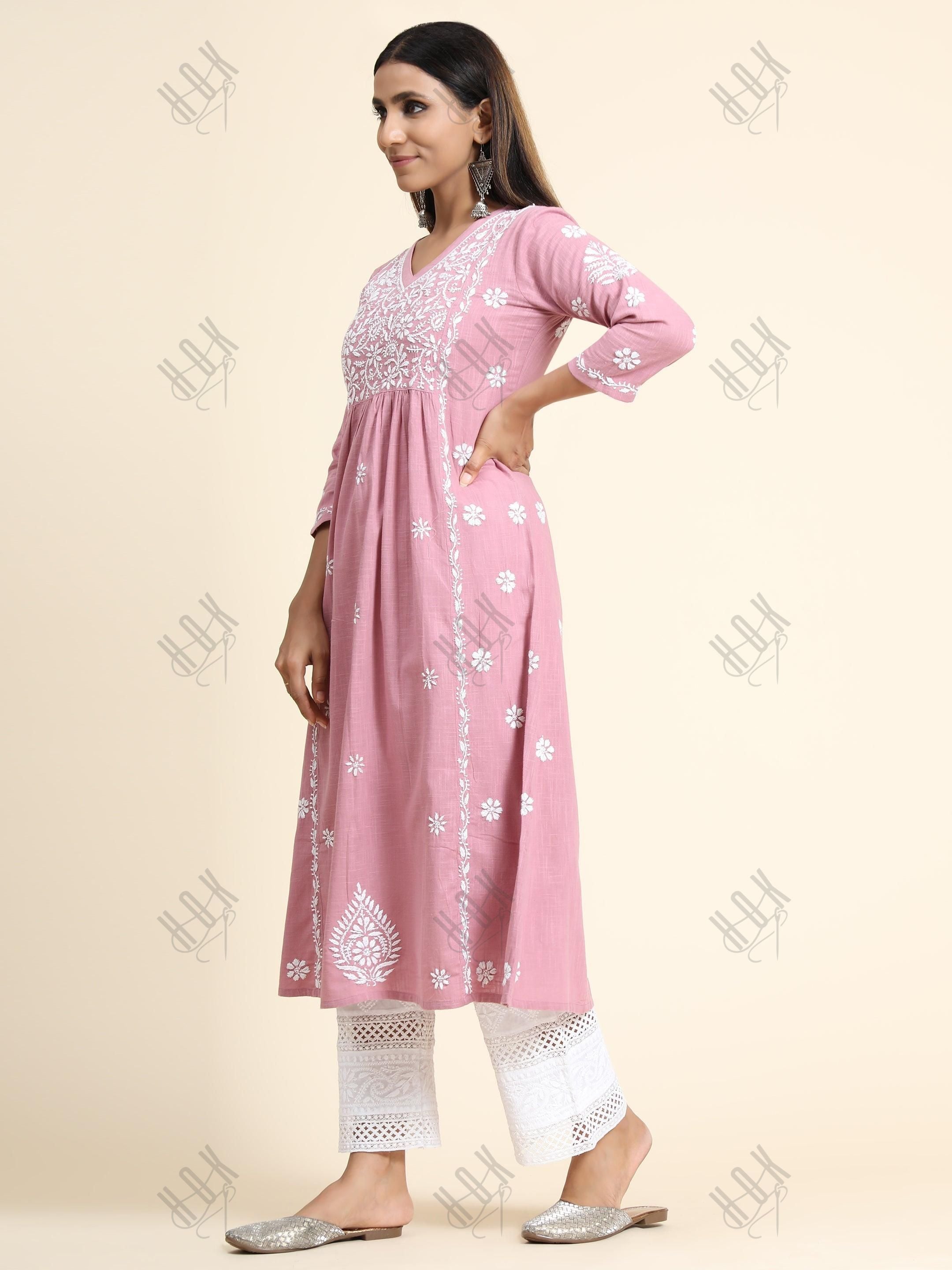 Sharmin in Hand Embroidery Chikankari Long Kurti for Women Peach - House Of Kari (Chikankari Clothing)