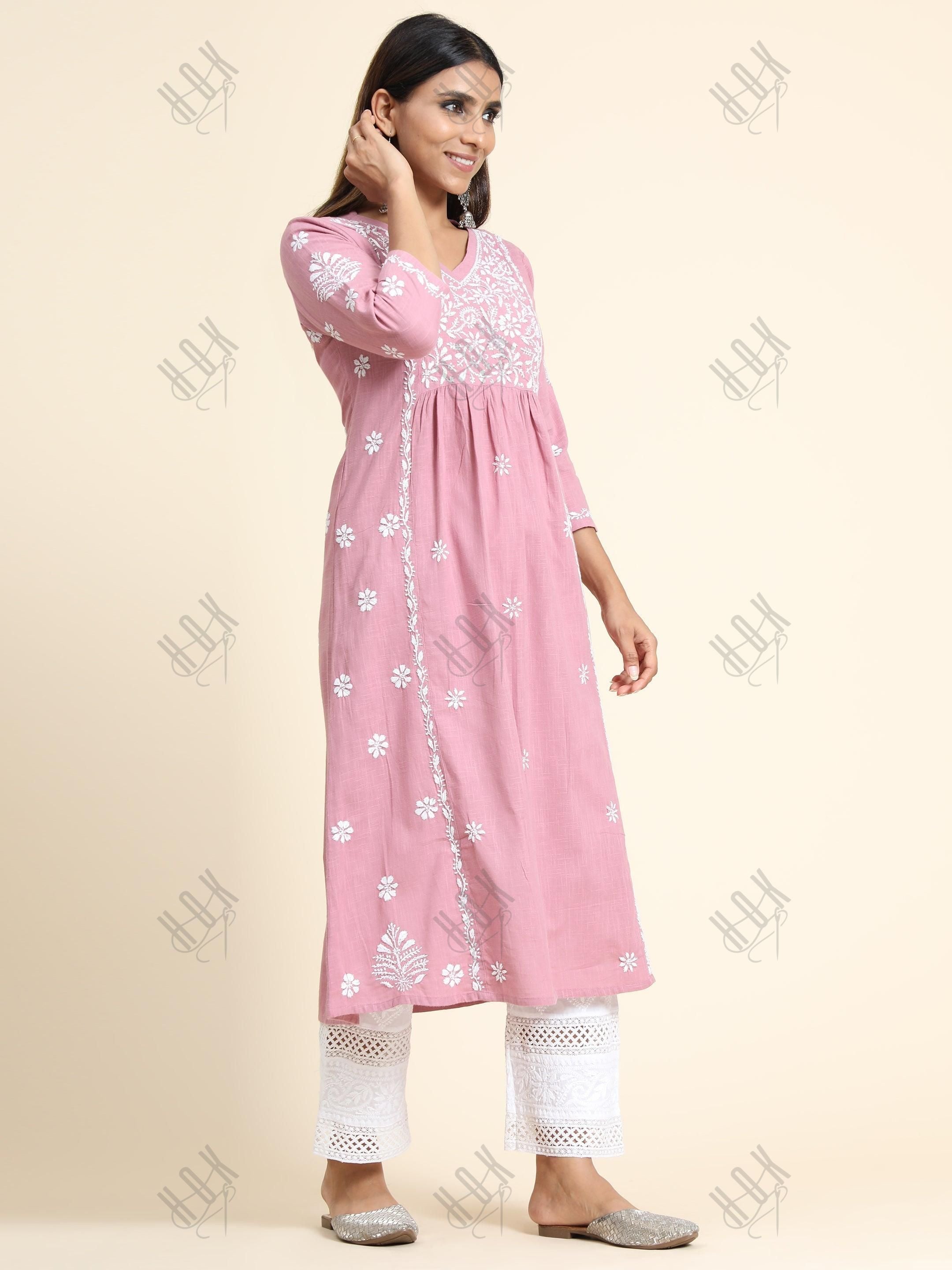 Sharmin in Hand Embroidery Chikankari Long Kurti for Women Peach - House Of Kari (Chikankari Clothing)