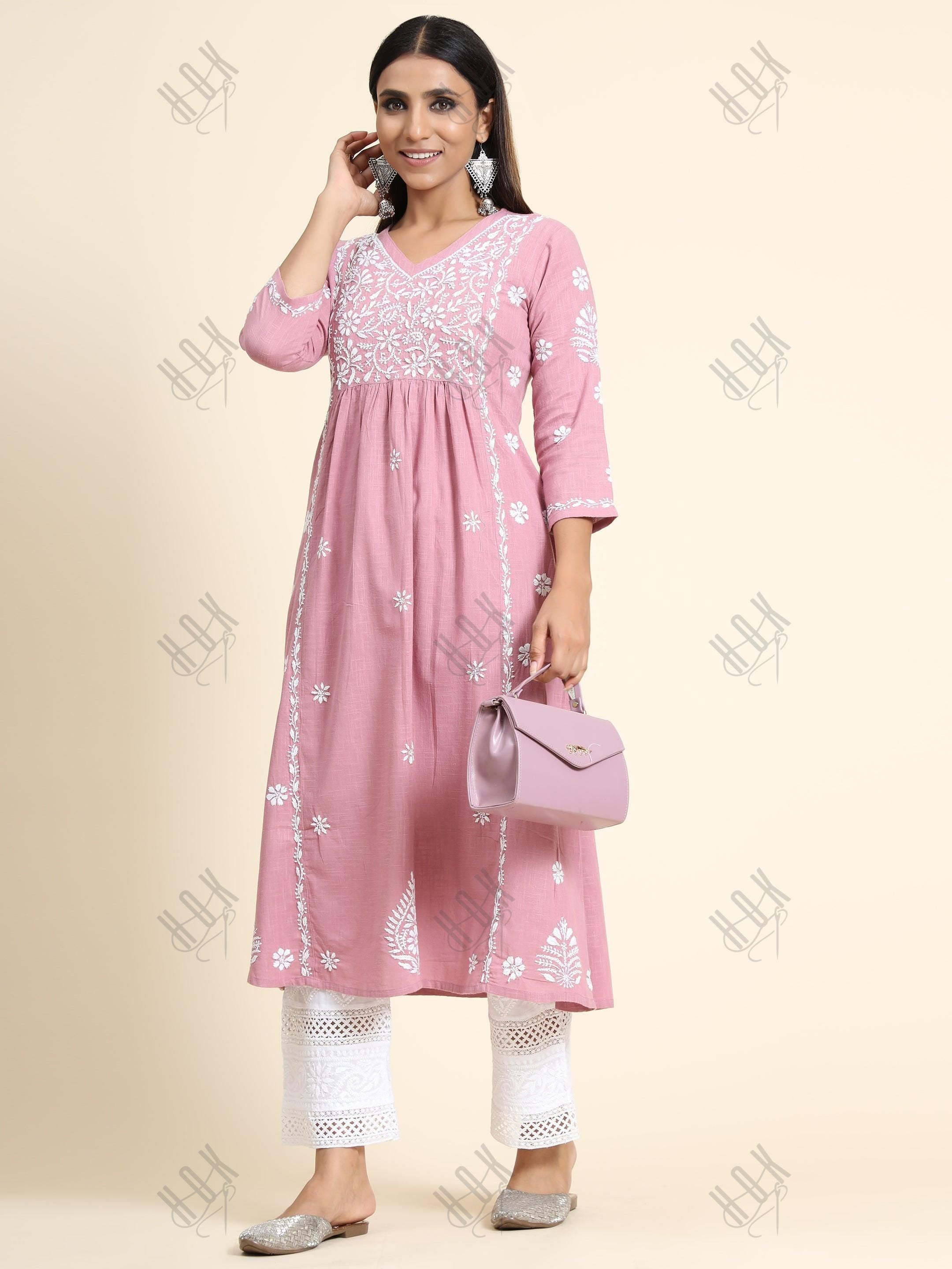 Sharmin in Hand Embroidery Chikankari Long Kurti for Women Peach - House Of Kari (Chikankari Clothing)