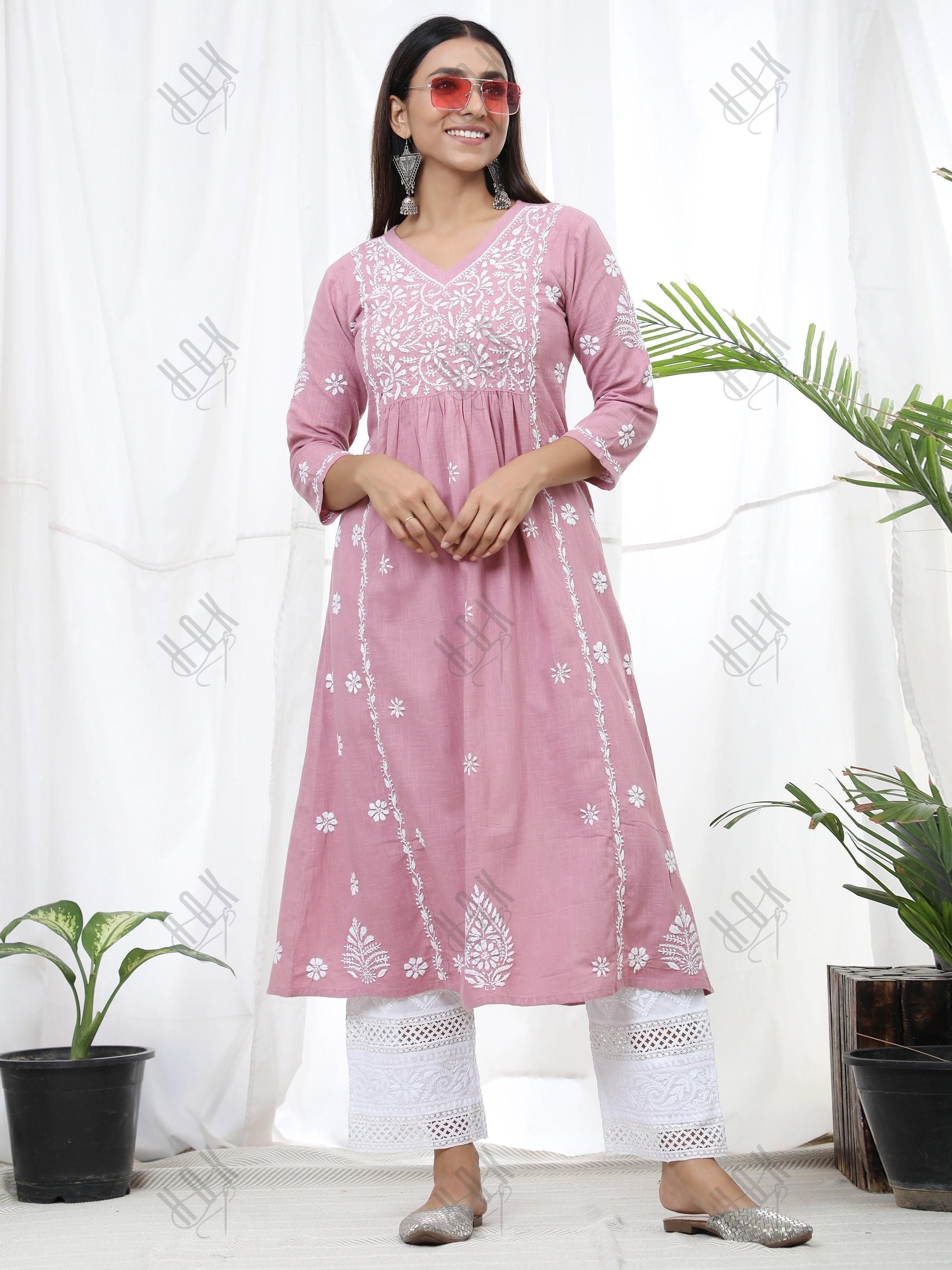 Sharmin in Hand Embroidery Chikankari Long Kurti for Women Peach - House Of Kari (Chikankari Clothing)