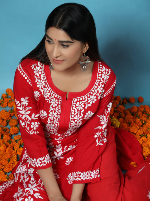Surili Gautam in Premium Hand Embroidery Chikankari Co-Ord Set Red - House Of Kari (Chikankari Clothing)