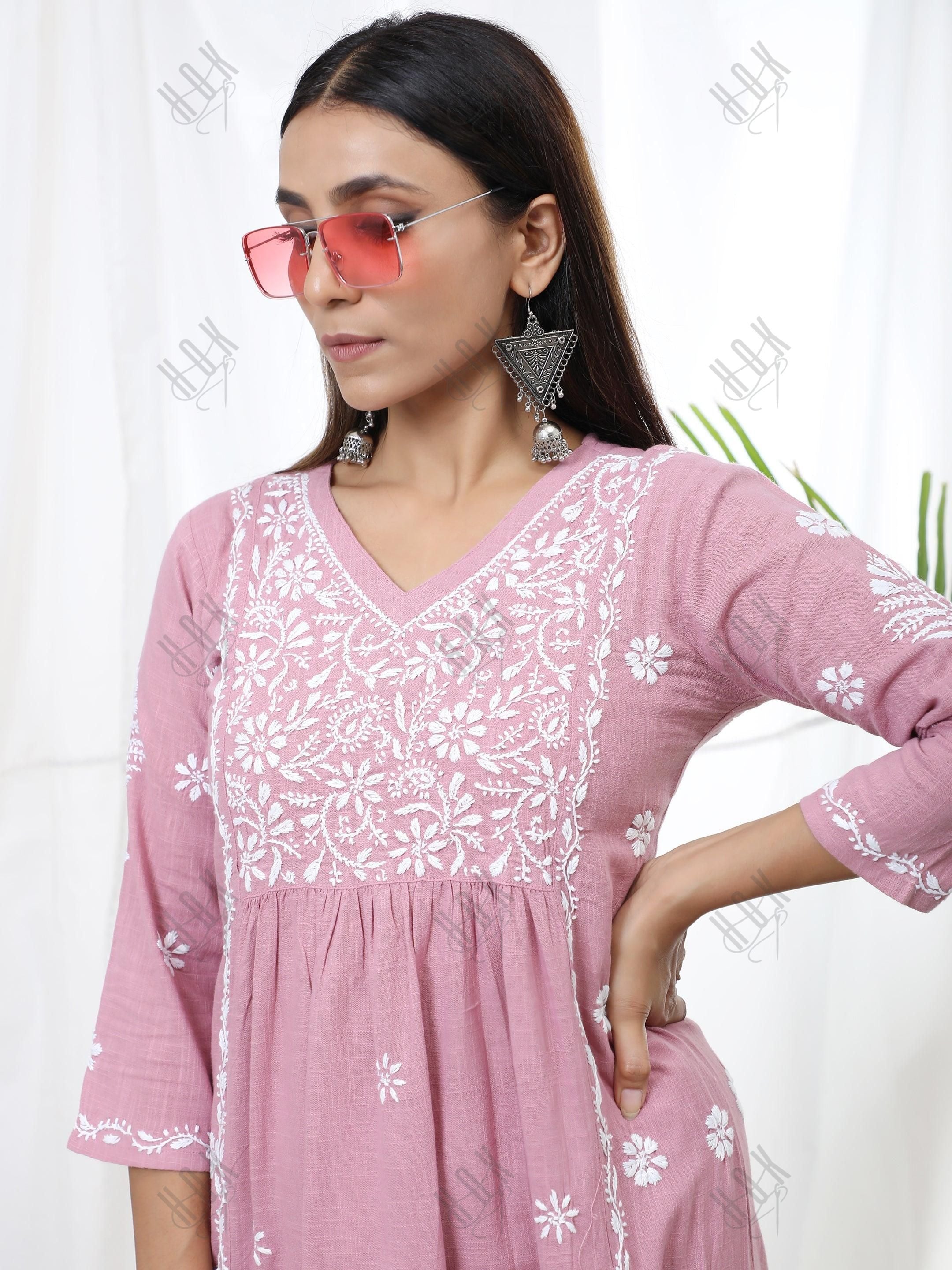 Sharmin in Hand Embroidery Chikankari Long Kurti for Women Peach - House Of Kari (Chikankari Clothing)