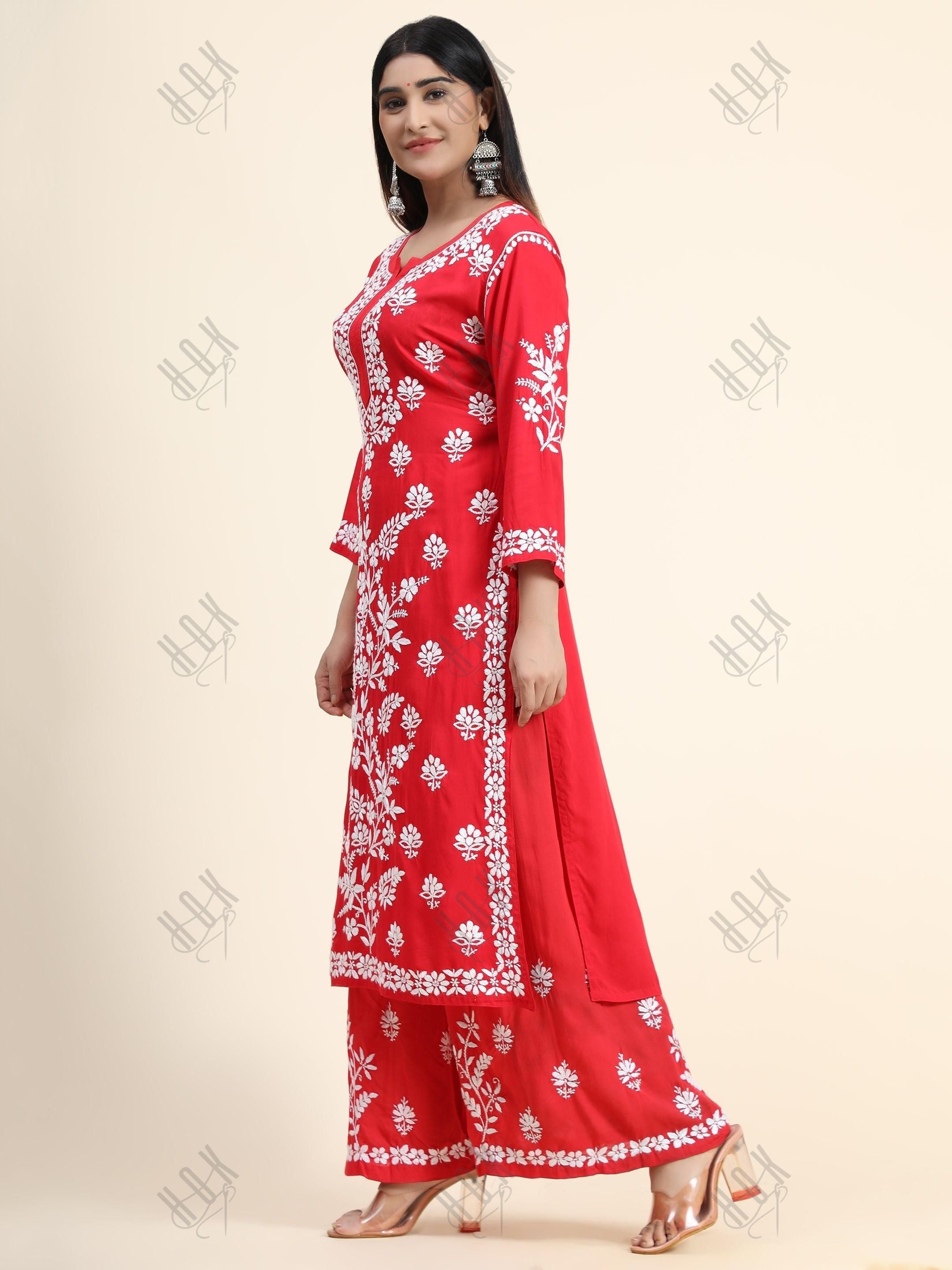 Surili Gautam in Premium Hand Embroidery Chikankari Co-Ord Set Red - House Of Kari (Chikankari Clothing)