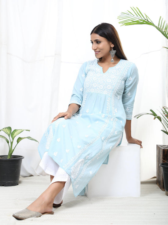 Buy Blue Hand Embroidered Lucknowi Chikankari Long Kurti (Cotton