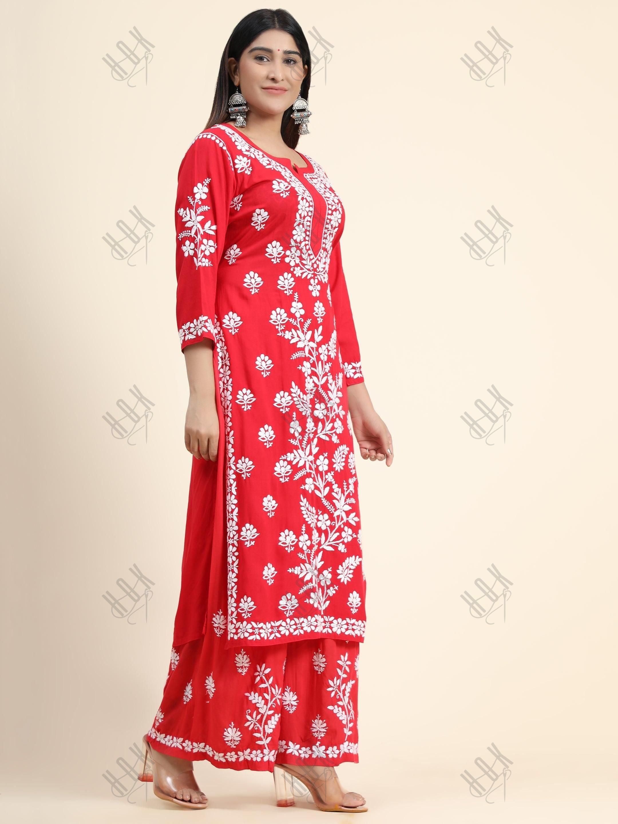 Surili Gautam in Premium Hand Embroidery Chikankari Co-Ord Set Red - House Of Kari (Chikankari Clothing)