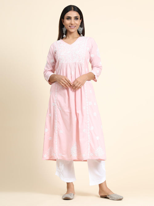 Hand embroidery Chikankari V neck Anarkali Dress | Long Kurti in Cotton For Women - House Of Kari (Chikankari Clothing)