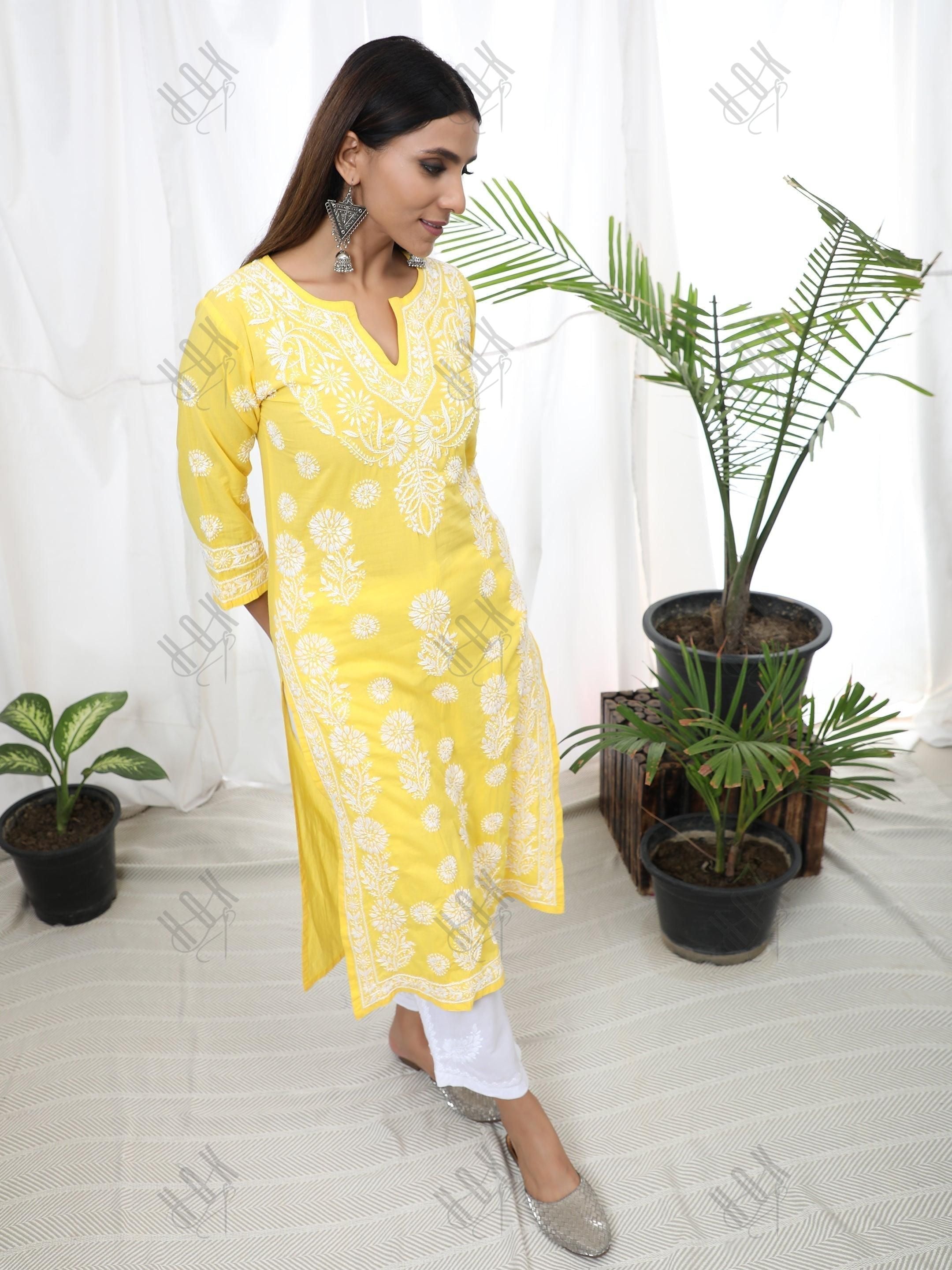 Hand Embroidery Chikankari Long Kurti for Women | Stylish Casual | Fancy - House Of Kari (Chikankari Clothing)