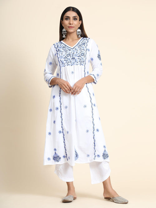 Load image into Gallery viewer, Hand embroidery Chikankari V neck Anarkali Dress | Long Kurti in Cotton For Women - House Of Kari (Chikankari Clothing)
