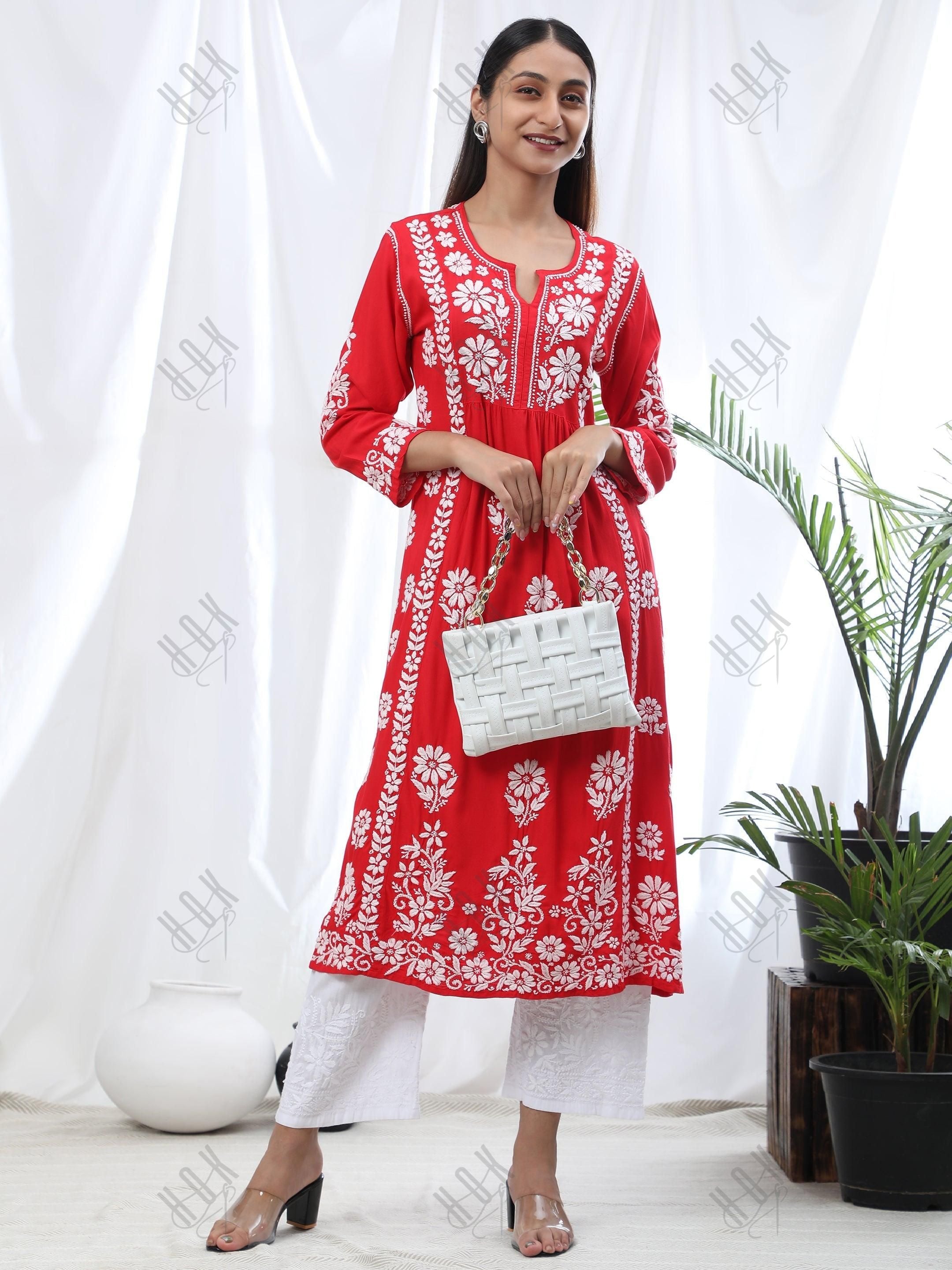 Gurleen Gambhir In Rayon Chikankari Long Kurti Red White - House Of Kari (Chikankari Clothing)