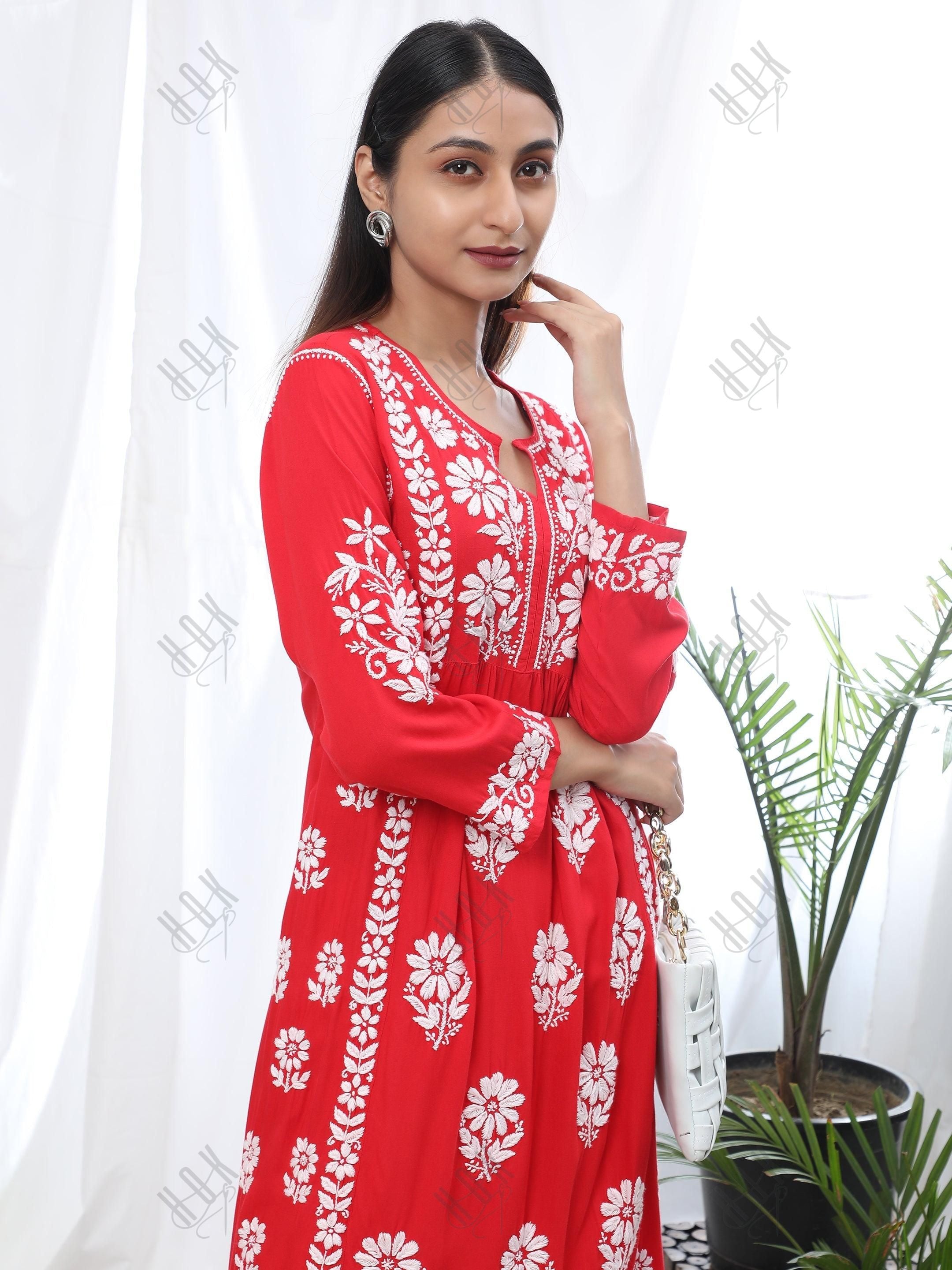 Gurleen Gambhir In Rayon Chikankari Long Kurti Red White - House Of Kari (Chikankari Clothing)