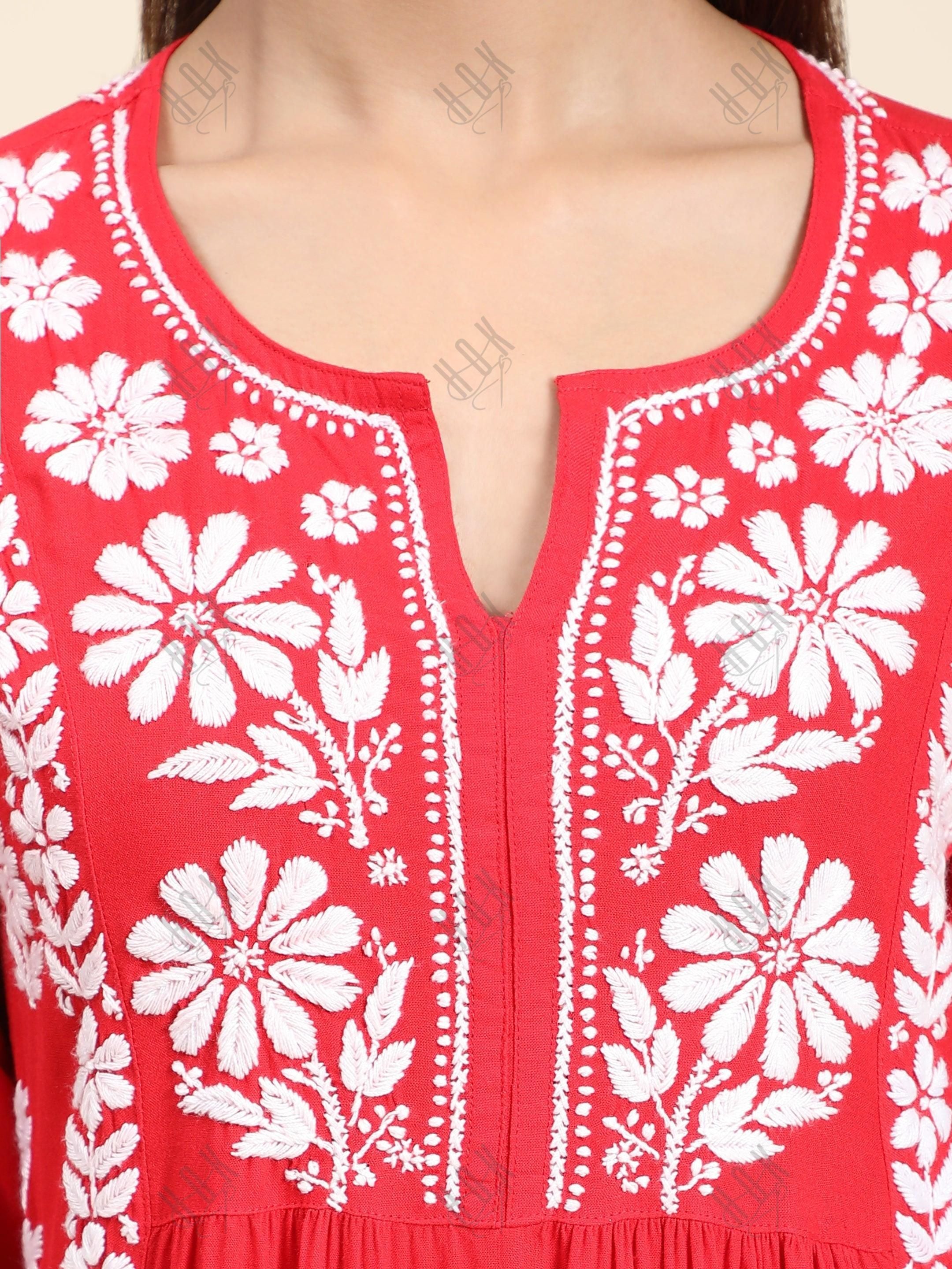 Gurleen Gambhir In Rayon Chikankari Long Kurti Red White - House Of Kari (Chikankari Clothing)