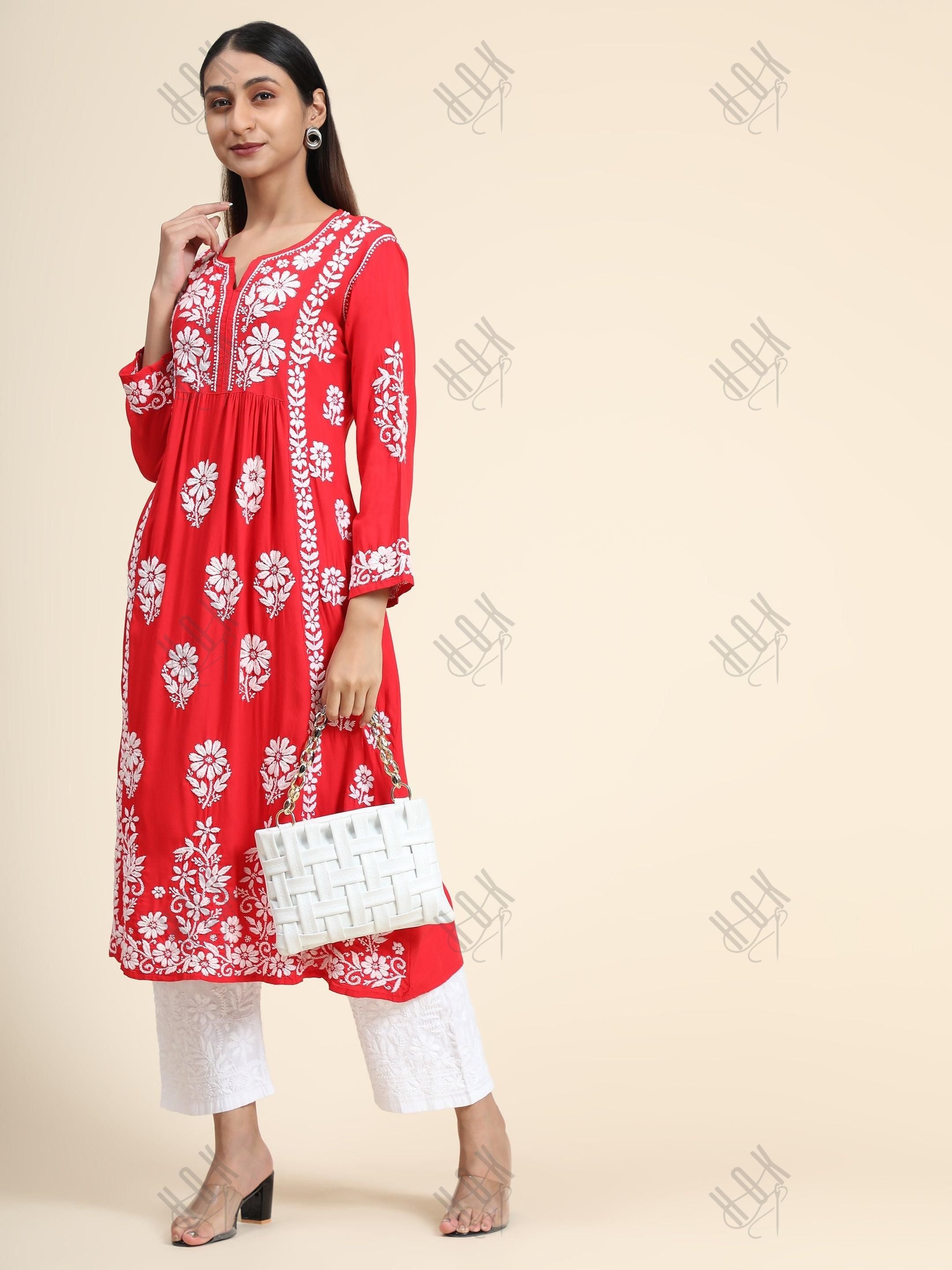 Gurleen Gambhir In Rayon Chikankari Long Kurti Red White - House Of Kari (Chikankari Clothing)