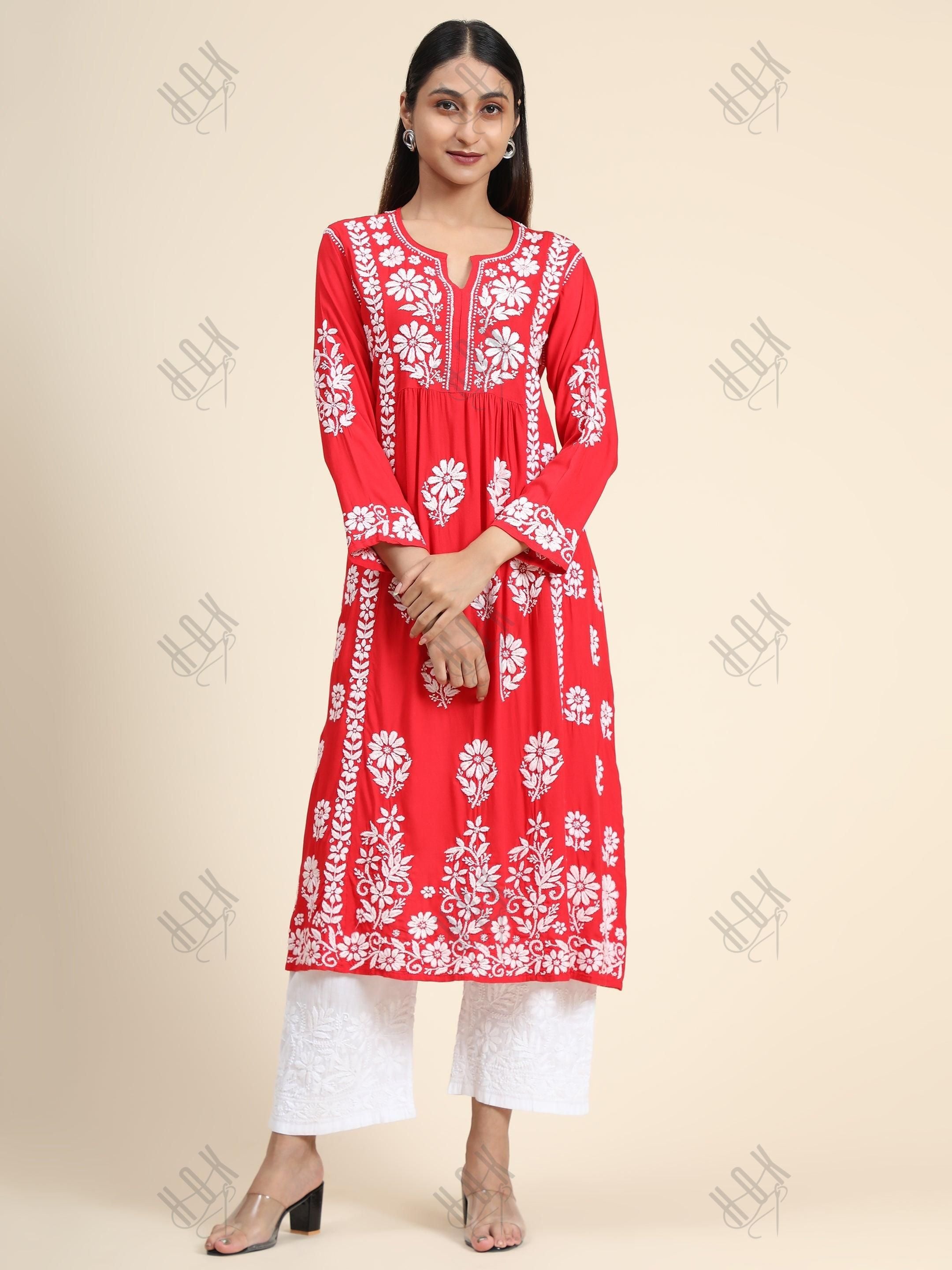 Gurleen Gambhir In Rayon Chikankari Long Kurti Red White - House Of Kari (Chikankari Clothing)