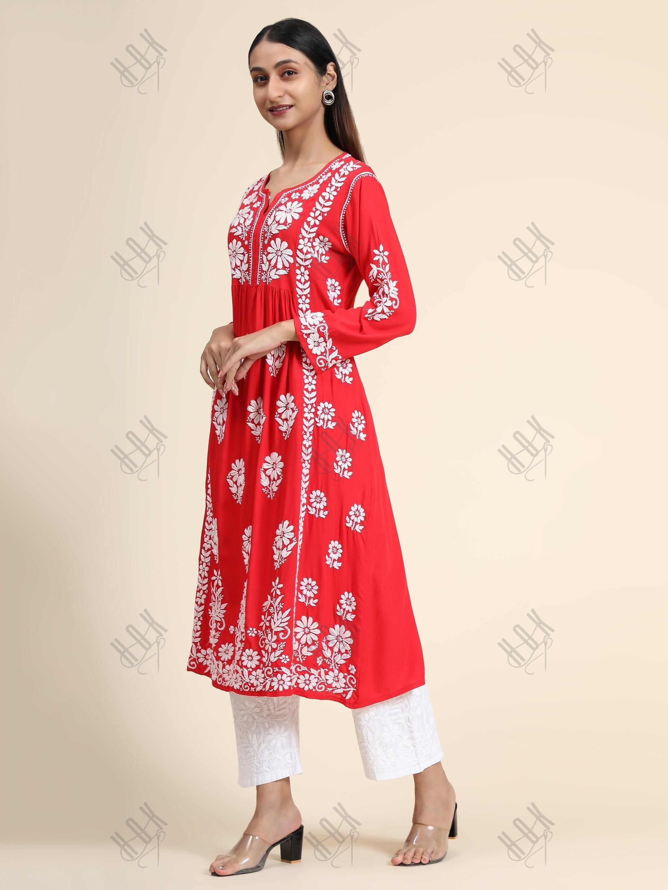 Gurleen Gambhir In Rayon Chikankari Long Kurti Red White - House Of Kari (Chikankari Clothing)