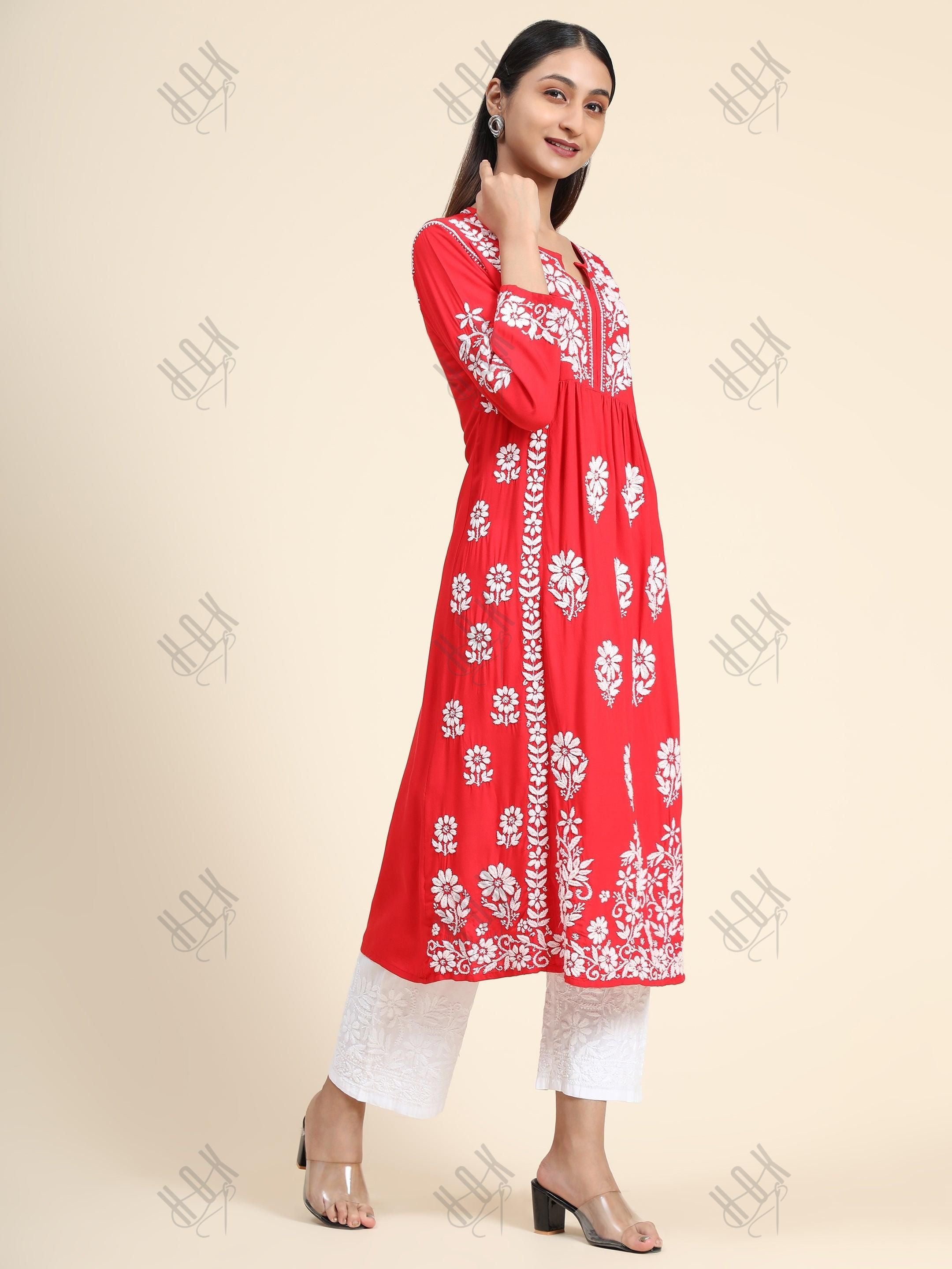 Gurleen Gambhir In Rayon Chikankari Long Kurti Red White - House Of Kari (Chikankari Clothing)