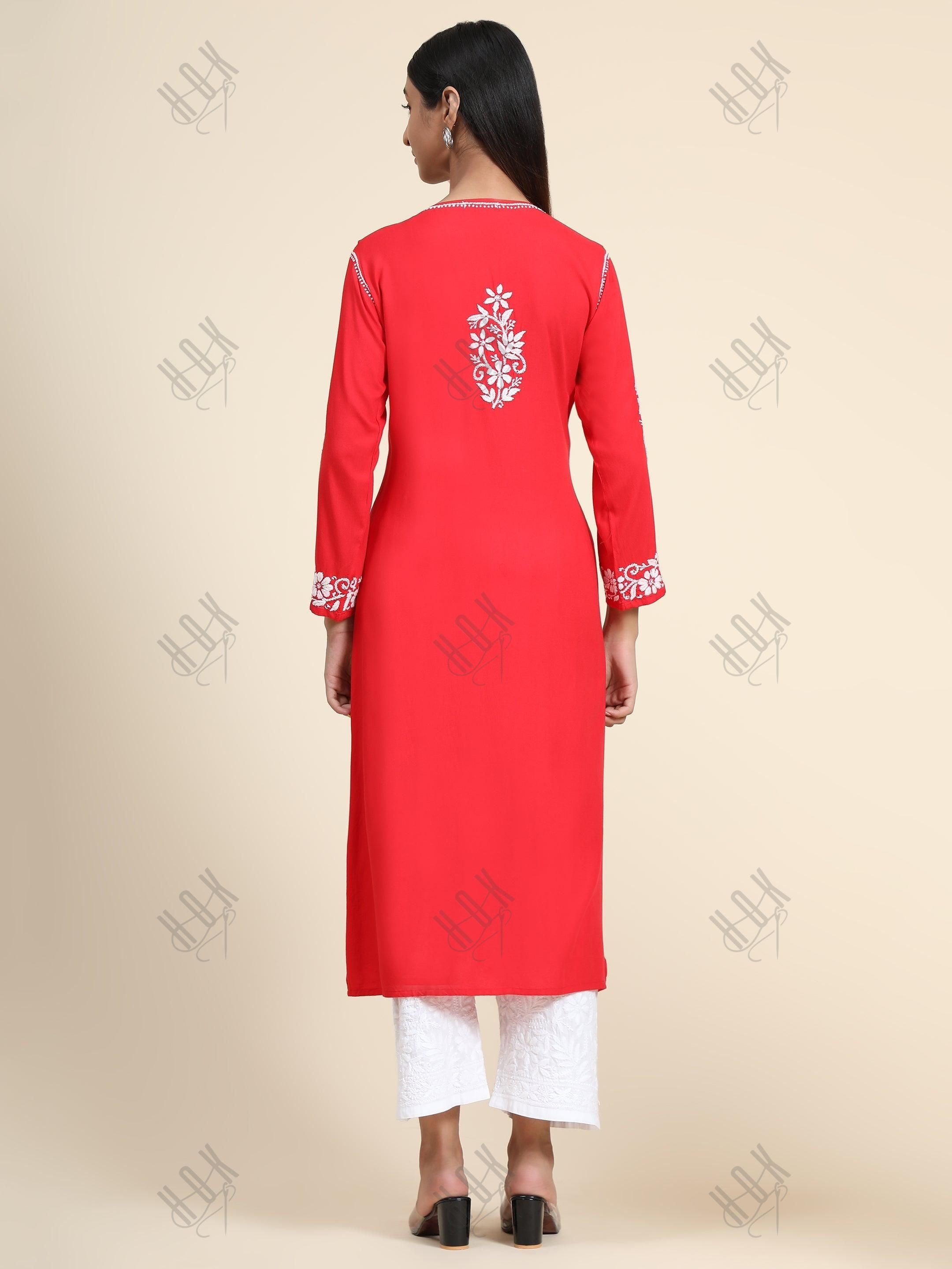 Gurleen Gambhir In Rayon Chikankari Long Kurti Red White - House Of Kari (Chikankari Clothing)