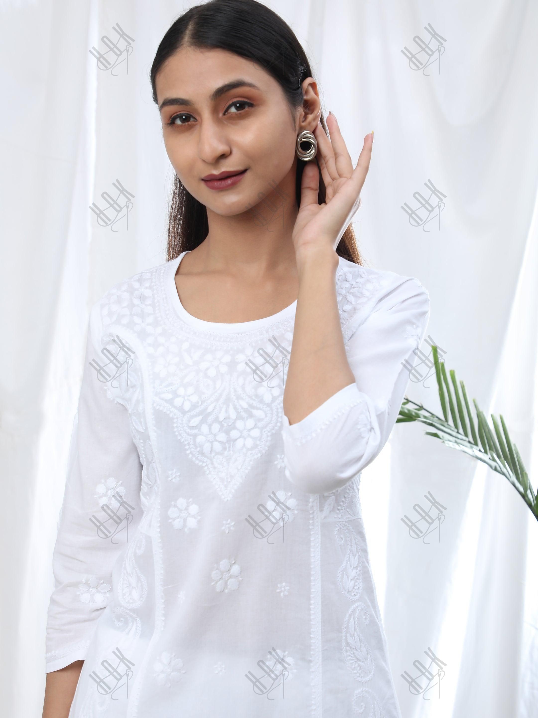 HOK Chikankari Stylish Kurti White - House Of Kari (Chikankari Clothing)