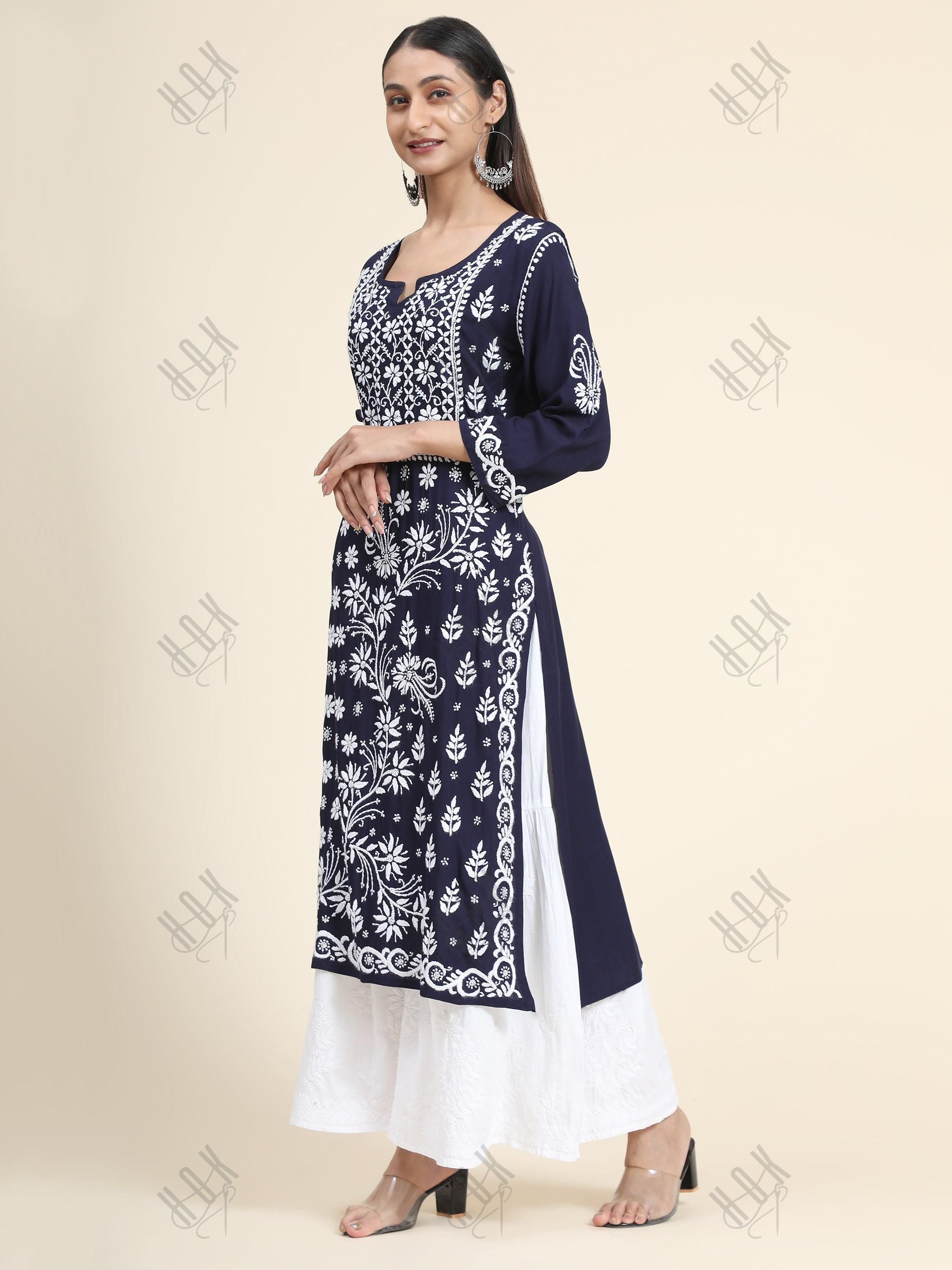 RIA IN HOK Chikankari Stylish Kurti Dark Blue - House Of Kari (Chikankari Clothing)