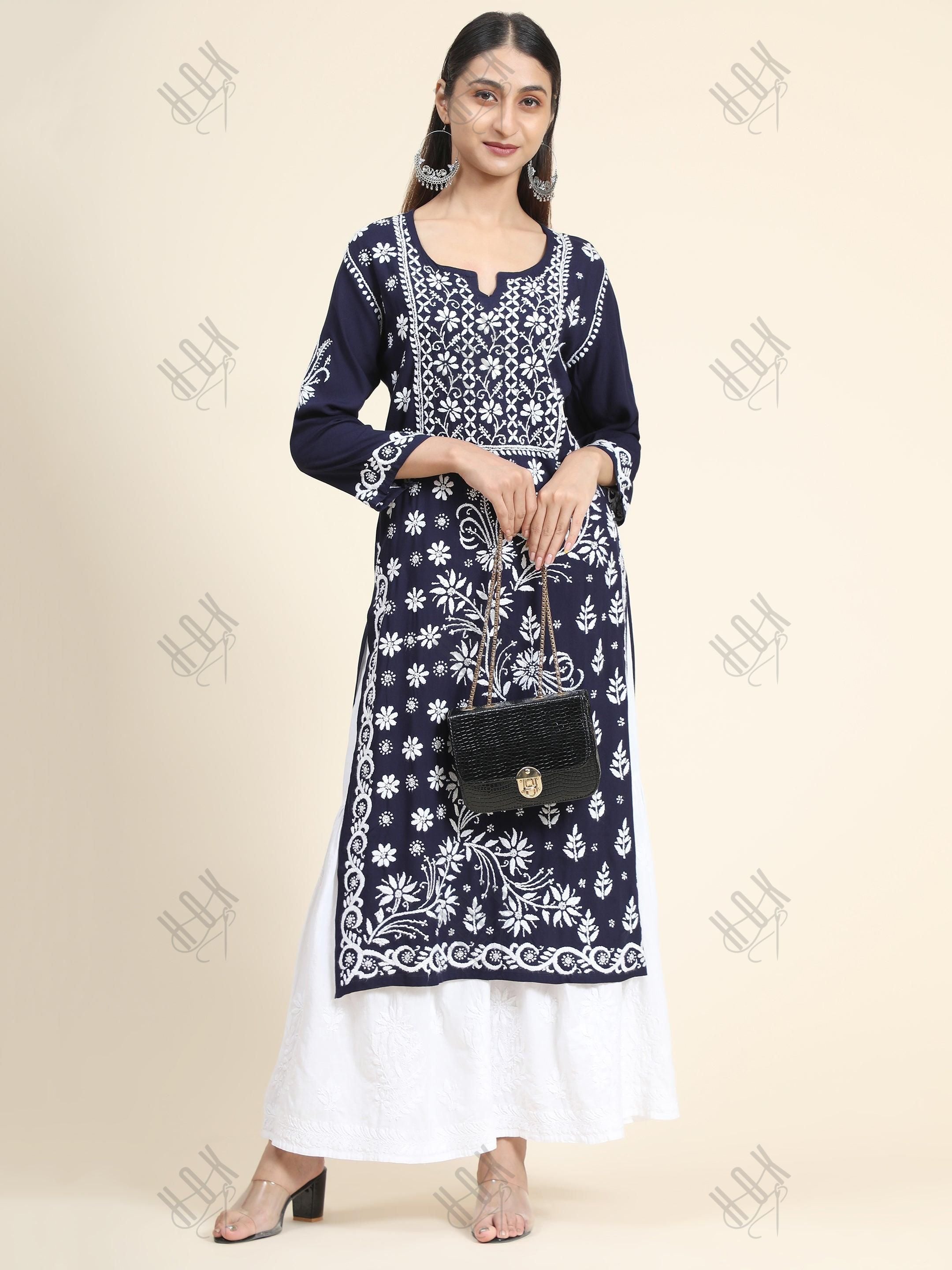 RIA IN HOK Chikankari Stylish Kurti Dark Blue - House Of Kari (Chikankari Clothing)