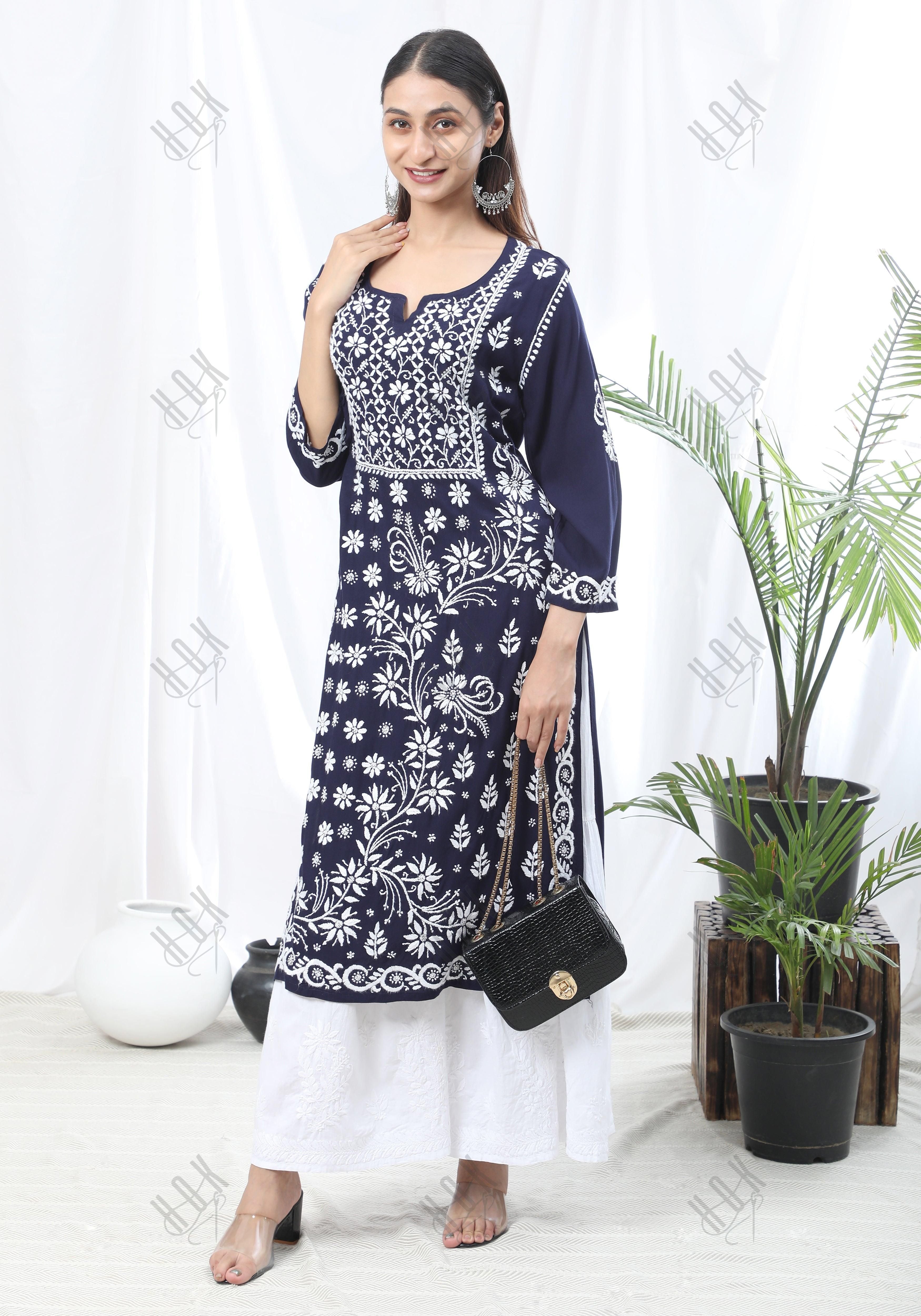 RIA IN HOK Chikankari Stylish Kurti Dark Blue - House Of Kari (Chikankari Clothing)