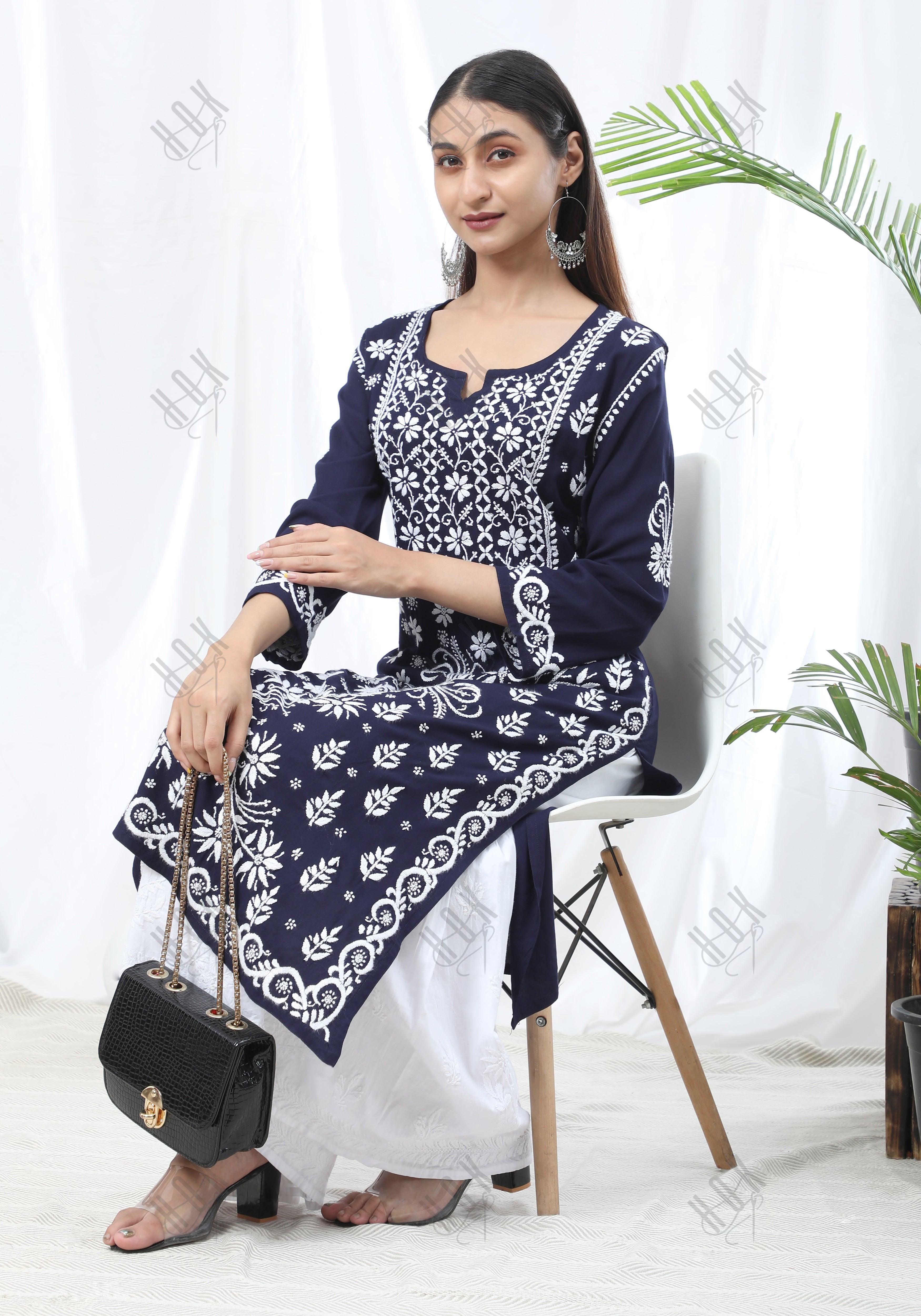 HOK Chikankari Stylish Kurti Dark Blue - House Of Kari (Chikankari Clothing)