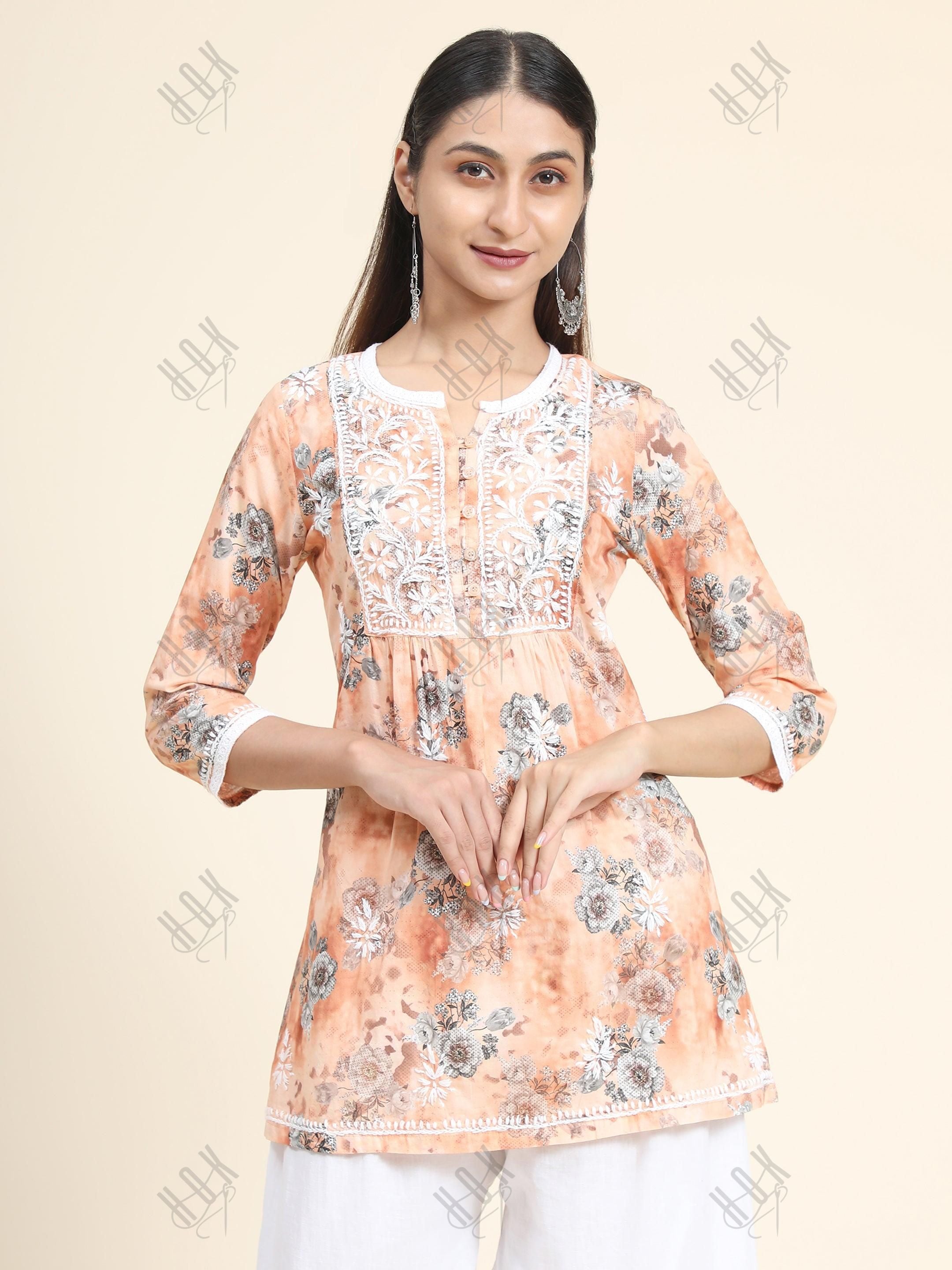 HOK Chikankari Tunic for Women Peach - House Of Kari (Chikankari Clothing)