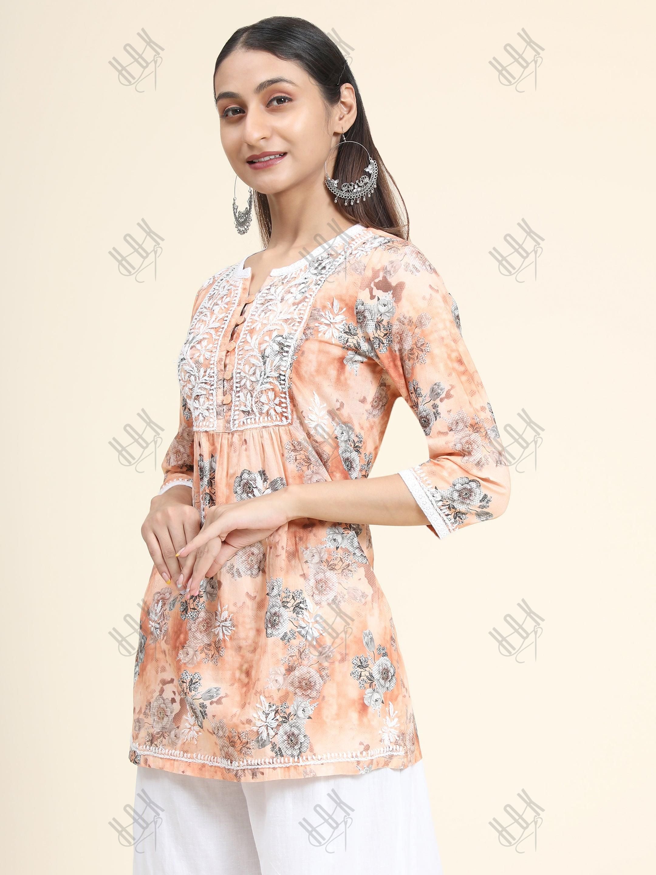 HOK Chikankari Tunic for Women Peach - House Of Kari (Chikankari Clothing)