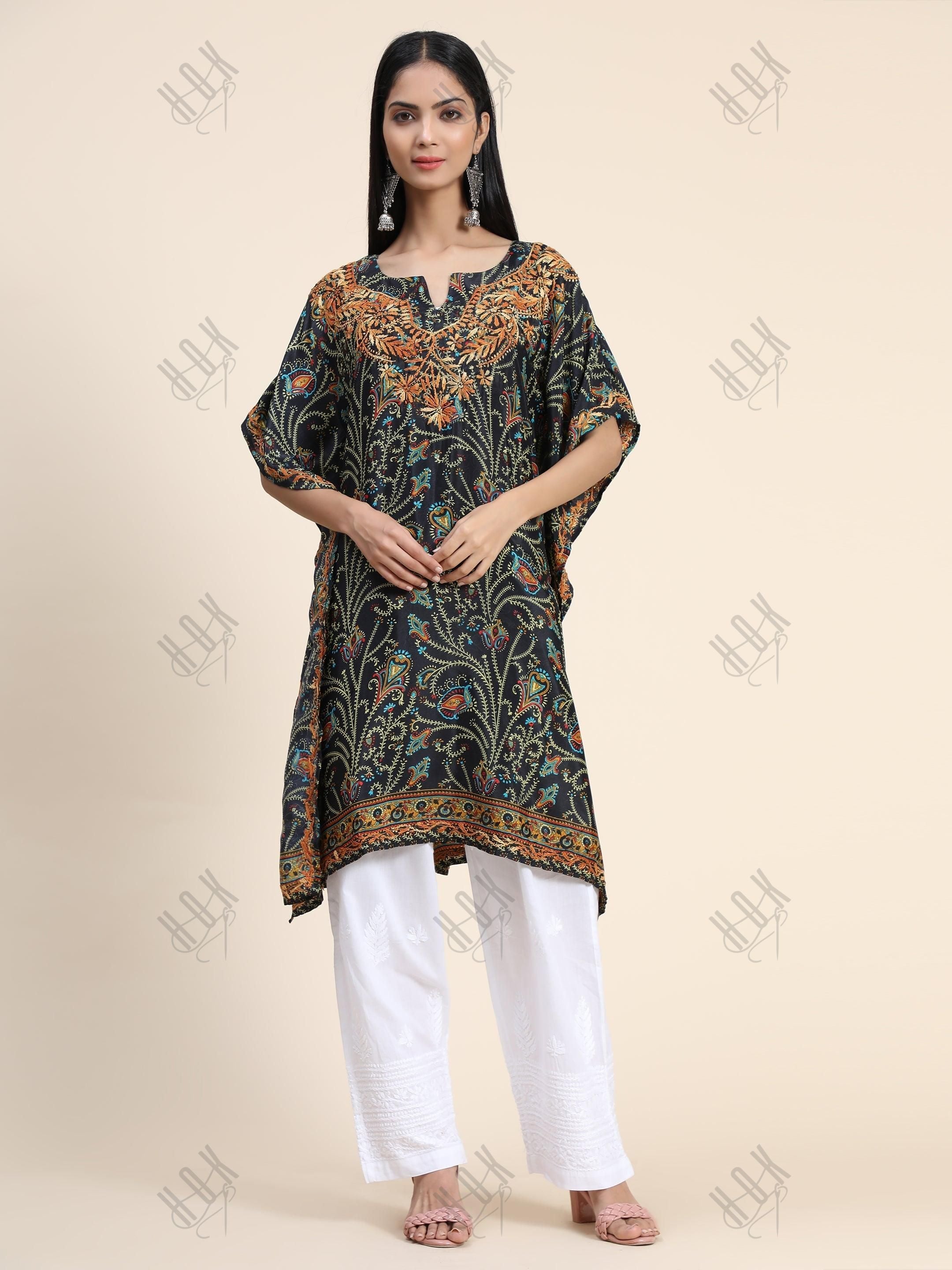 Premium Hand Embroidery Chikankari PolySilk Kaftan Topwear for Women - House Of Kari (Chikankari Clothing)