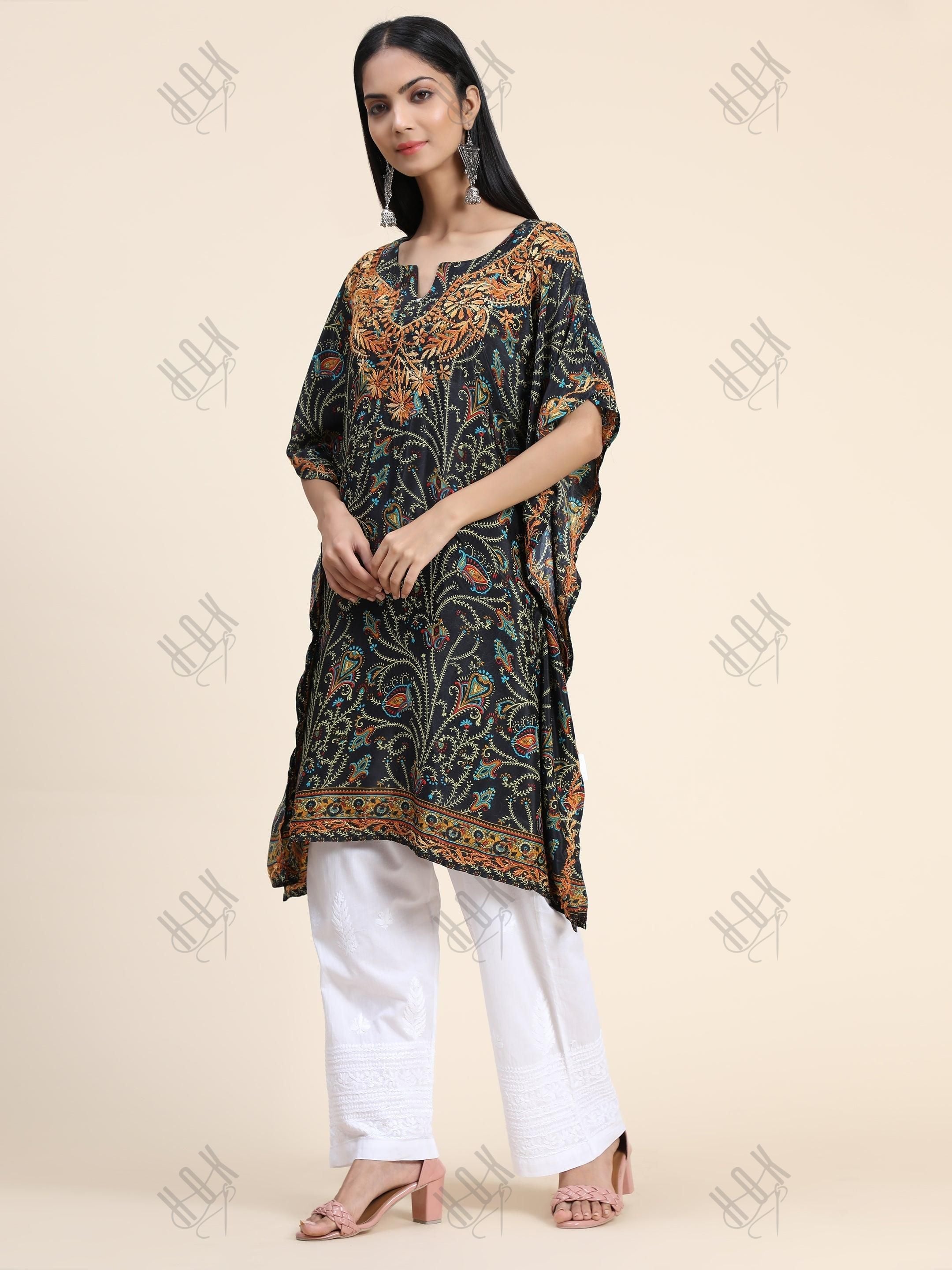 Premium Hand Embroidery Chikankari PolySilk Kaftan Topwear for Women - House Of Kari (Chikankari Clothing)