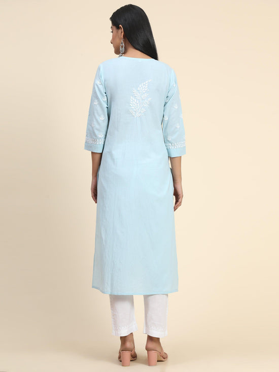 Chikankari Hand embroidery Round neck Dress with Pocket- Sky Blue - House Of Kari (Chikankari Clothing)