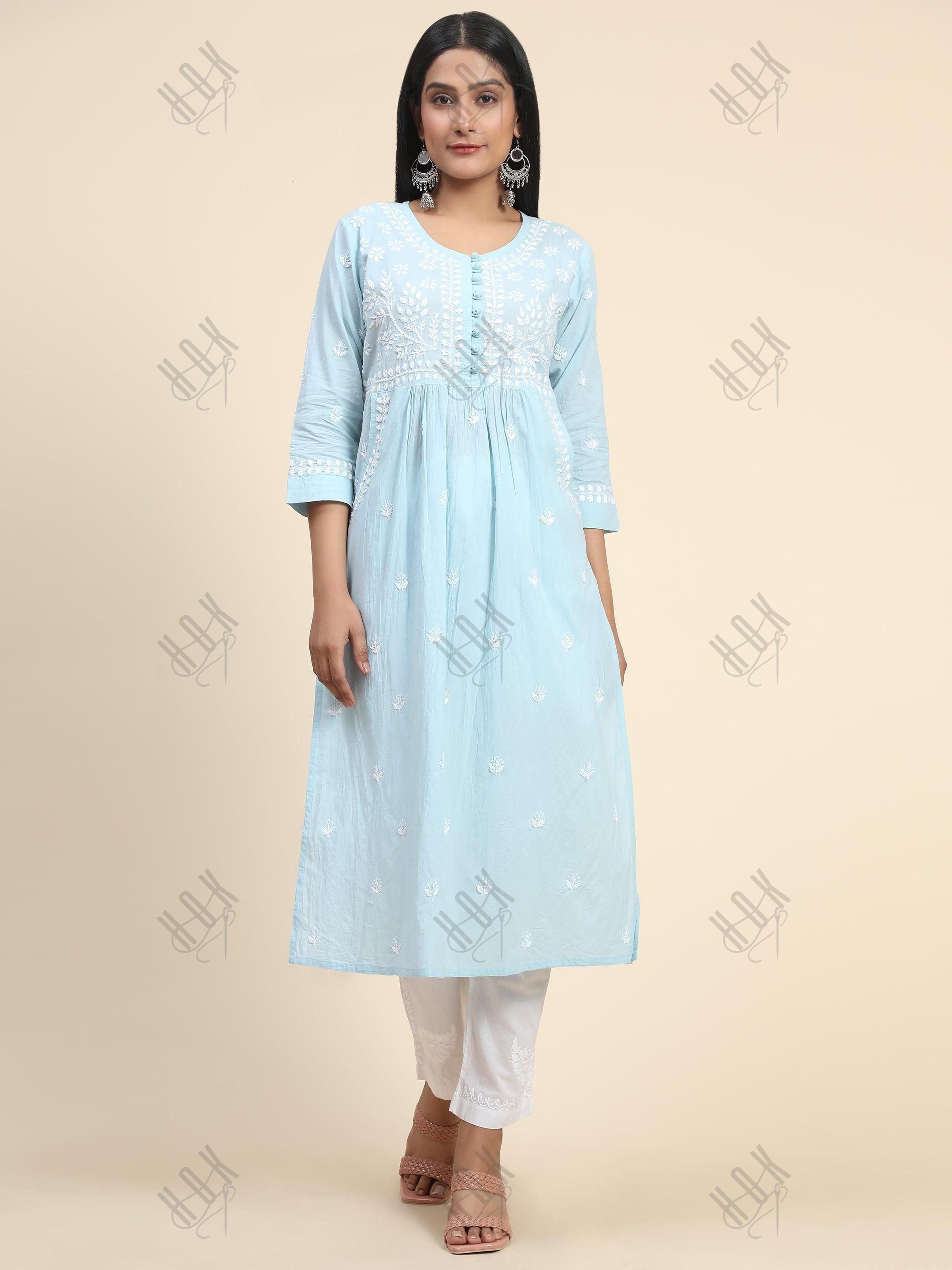 Chikankari Hand embroidery Round neck Dress with Pocket- Sky Blue - House Of Kari (Chikankari Clothing)