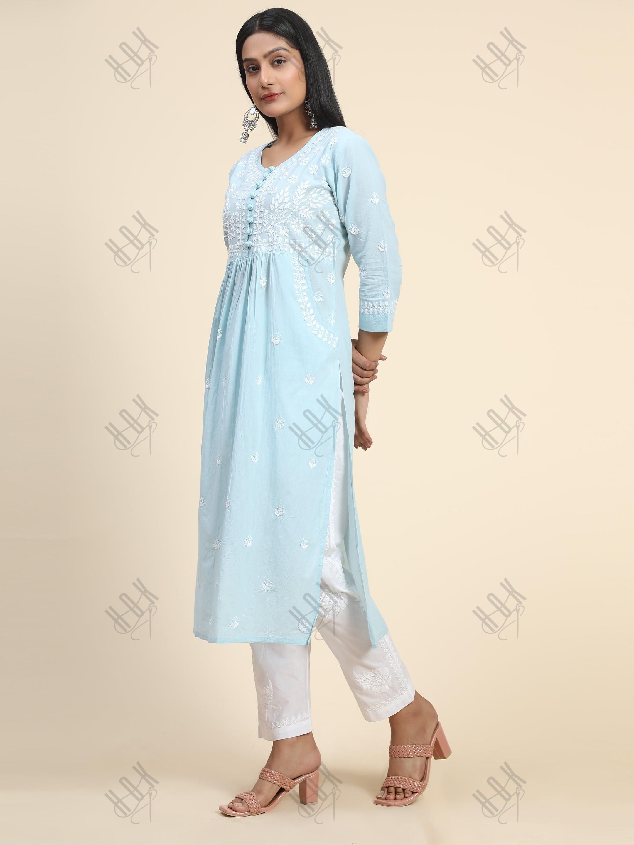 Chikankari Hand embroidery Round neck Dress with Pocket- Sky Blue - House Of Kari (Chikankari Clothing)