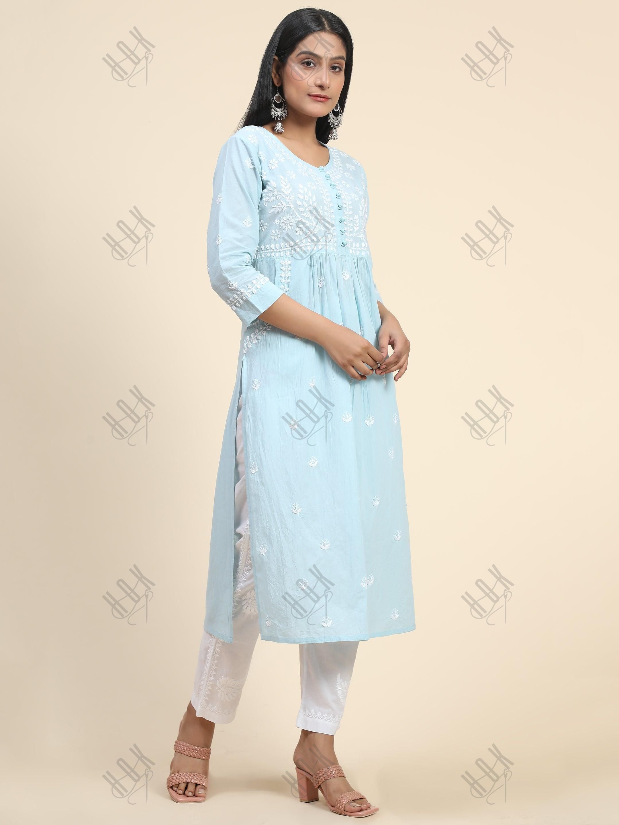 Chikankari Hand embroidery Round neck Dress with Pocket- Sky Blue - House Of Kari (Chikankari Clothing)