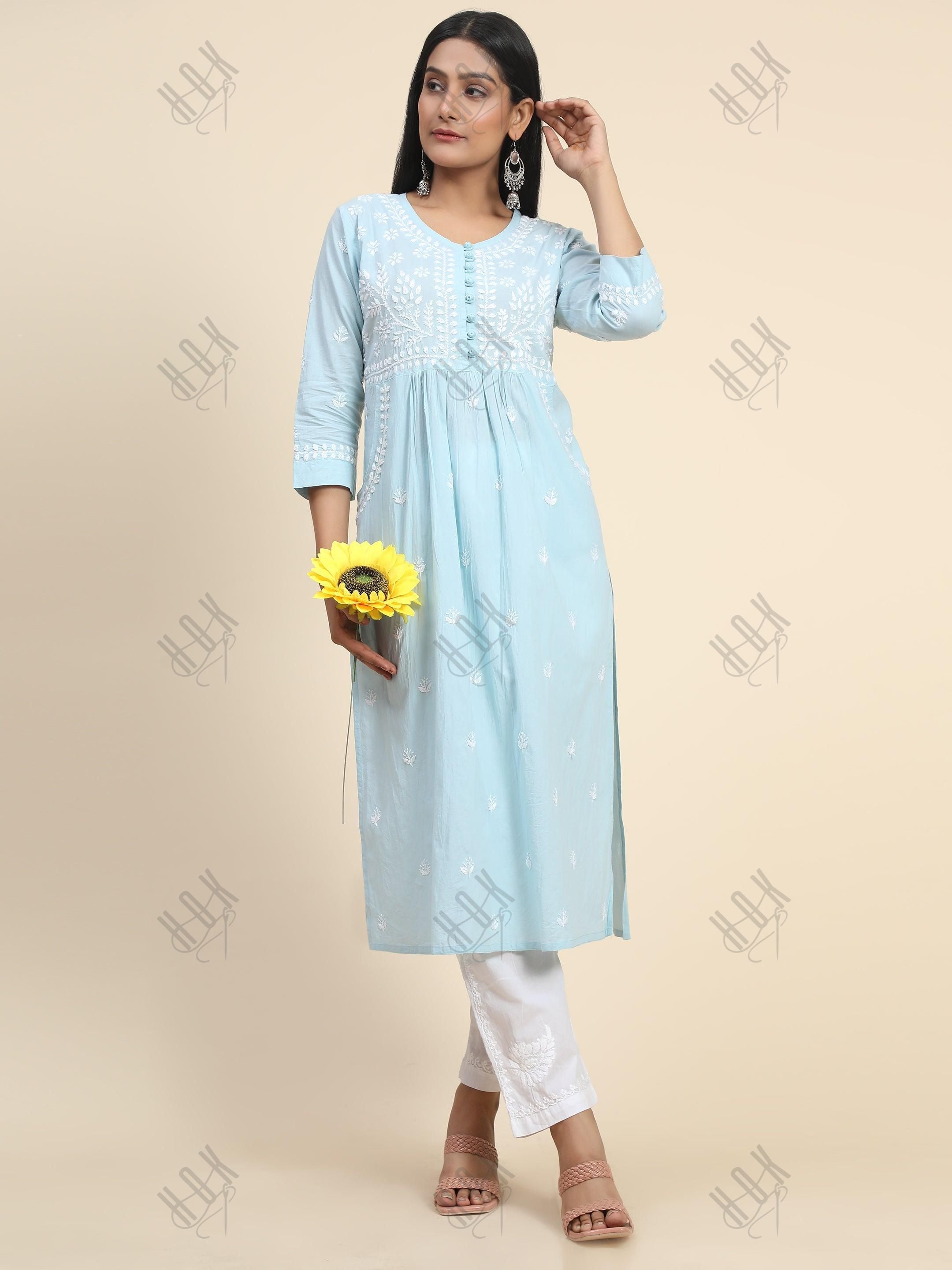 Chikankari Hand embroidery Round neck Dress with Pocket- Sky Blue - House Of Kari (Chikankari Clothing)