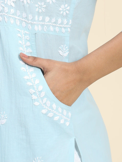 Chikankari Hand embroidery Round neck Dress with Pocket- Sky Blue - House Of Kari (Chikankari Clothing)