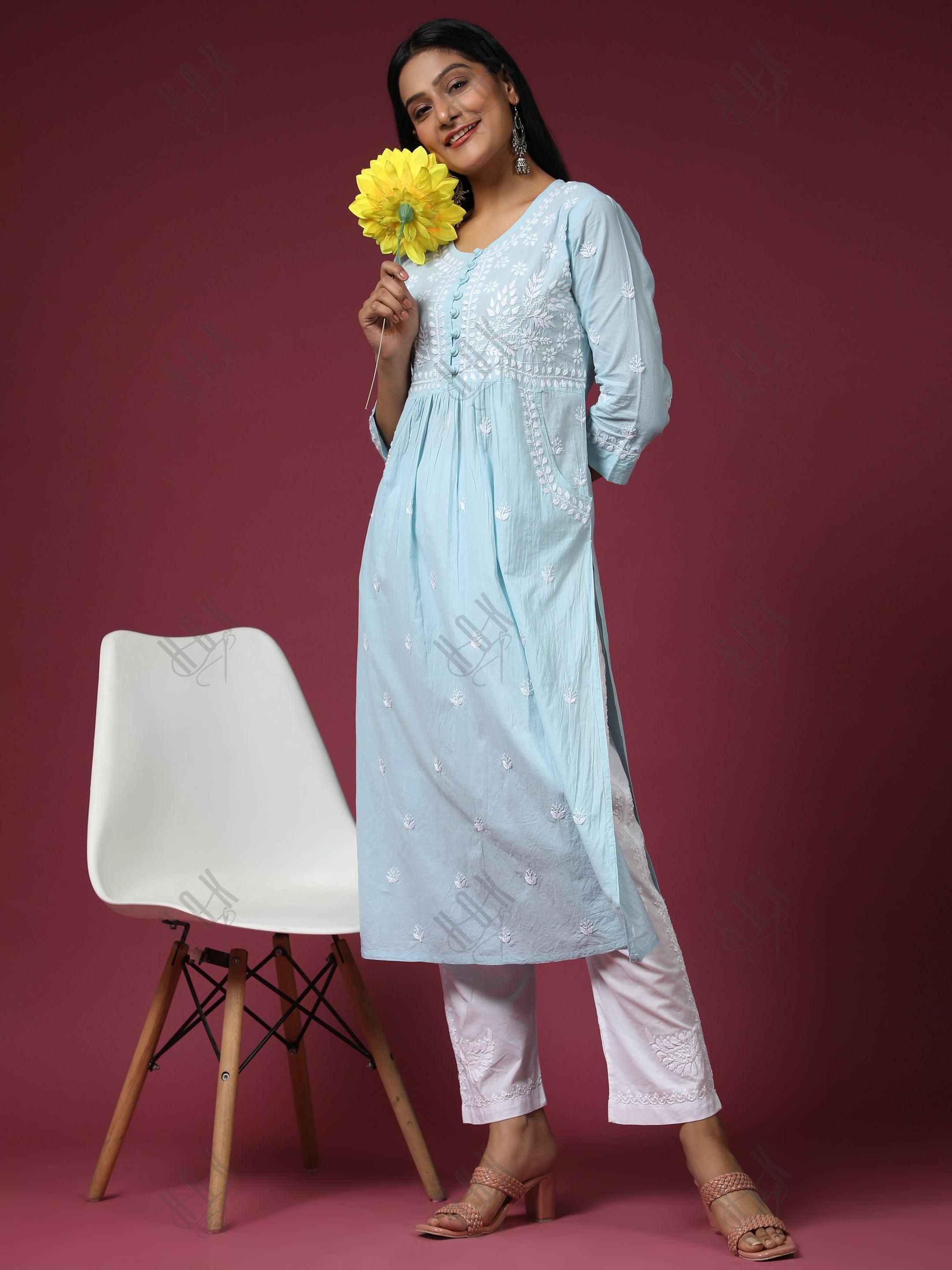 Chikankari Hand embroidery Round neck Dress with Pocket- Sky Blue - House Of Kari (Chikankari Clothing)