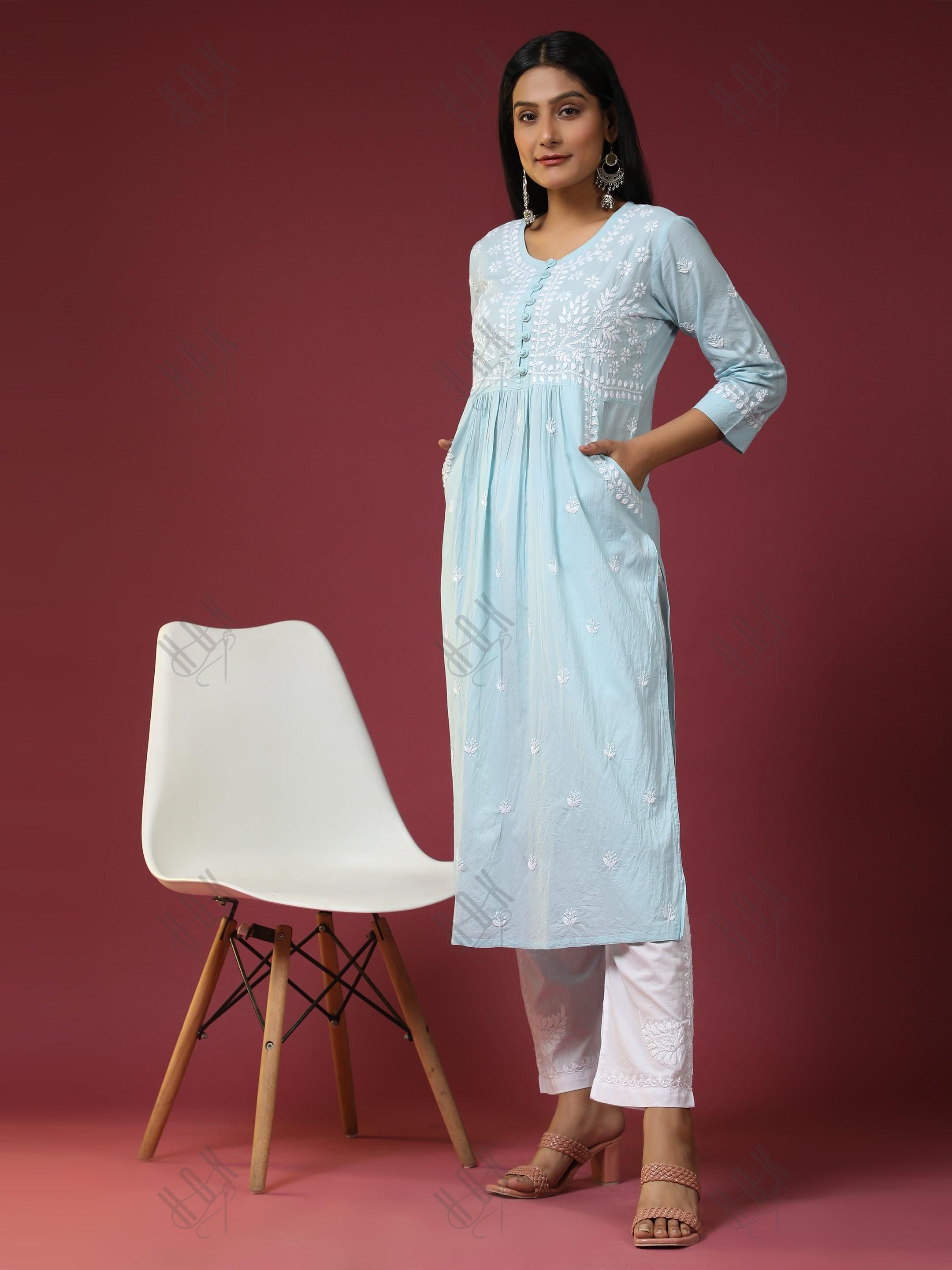 Chikankari Hand embroidery Round neck Dress with Pocket- Sky Blue - House Of Kari (Chikankari Clothing)