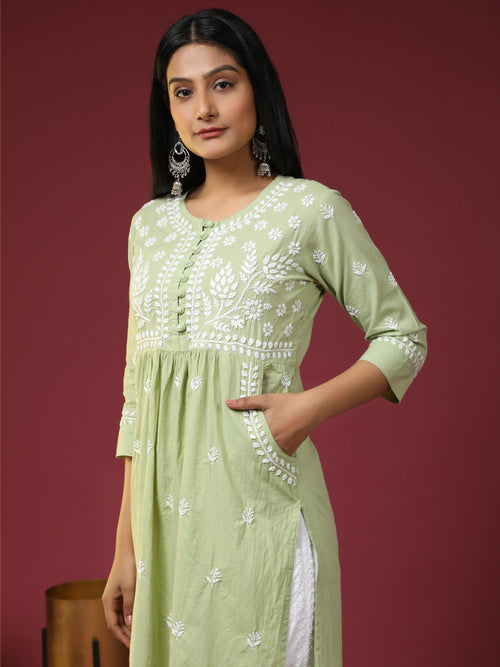 Chikankari Hand embroidery Round neck Dress with Pocket- Pista Green - House Of Kari (Chikankari Clothing)