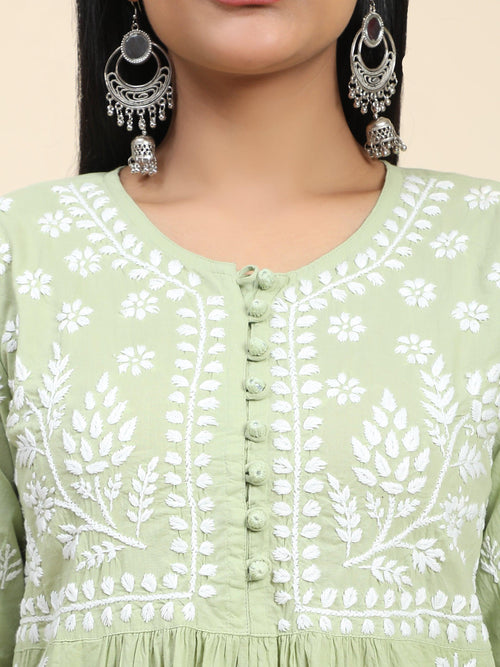 Load image into Gallery viewer, Chikankari Hand embroidery Round neck Dress with Pocket- Pista Green - House Of Kari (Chikankari Clothing)
