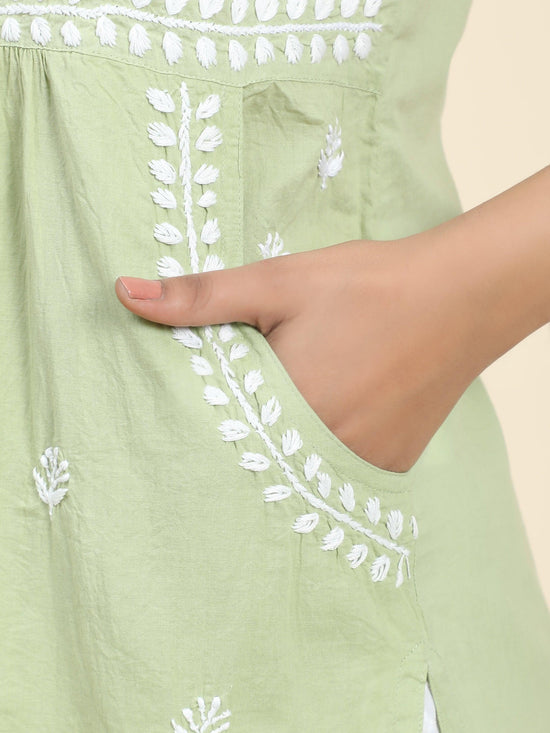 Load image into Gallery viewer, Chikankari Hand embroidery Round neck Dress with Pocket- Pista Green - House Of Kari (Chikankari Clothing)
