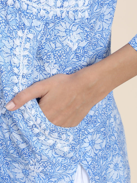Hand Embroidery Chikankari Tunic for Women Printed Blue - House Of Kari (Chikankari Clothing)