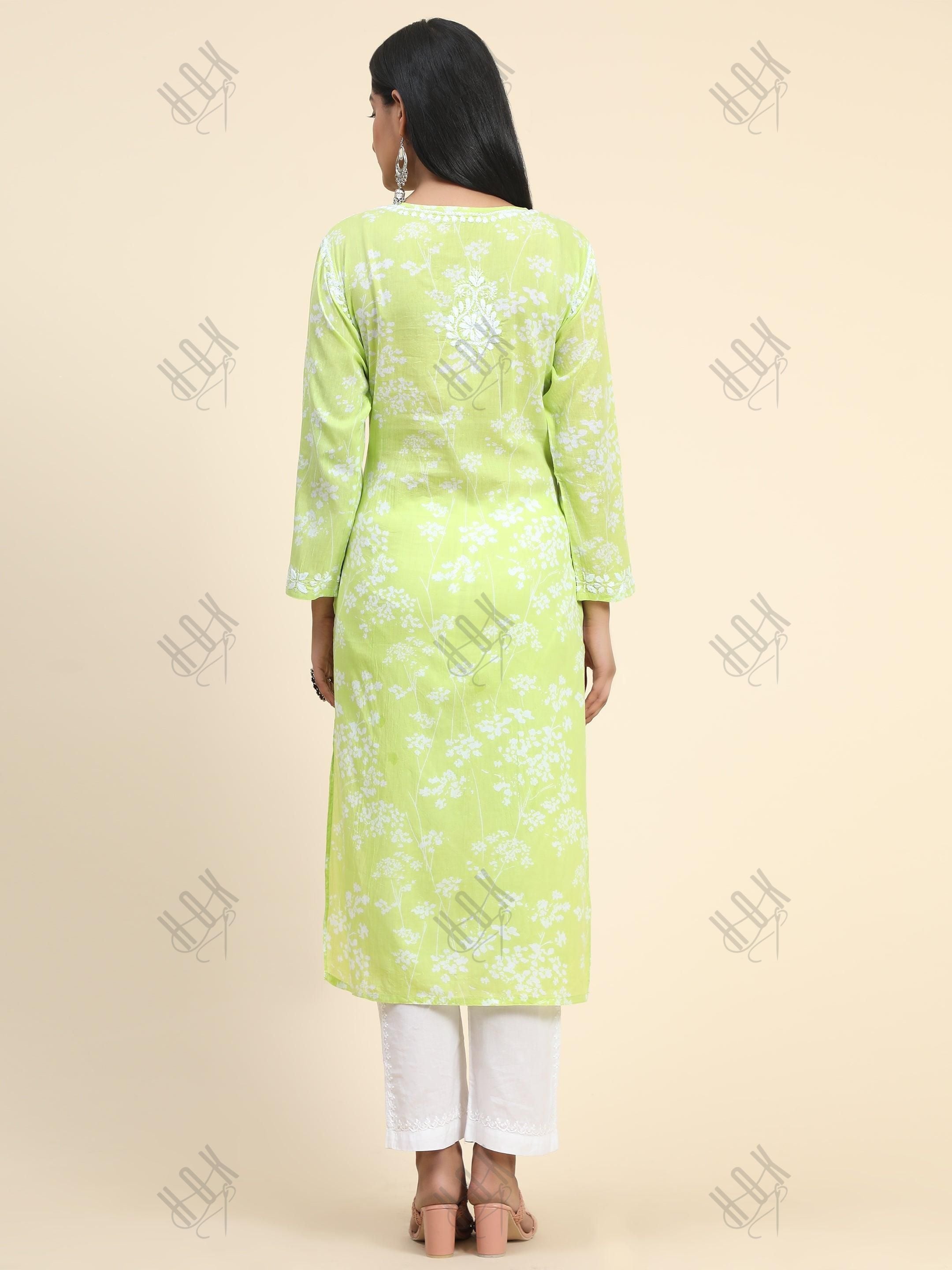 Samma Mul Printed Hand Embroidery Chikankari Kurta- Fluorescent Green - House Of Kari (Chikankari Clothing)