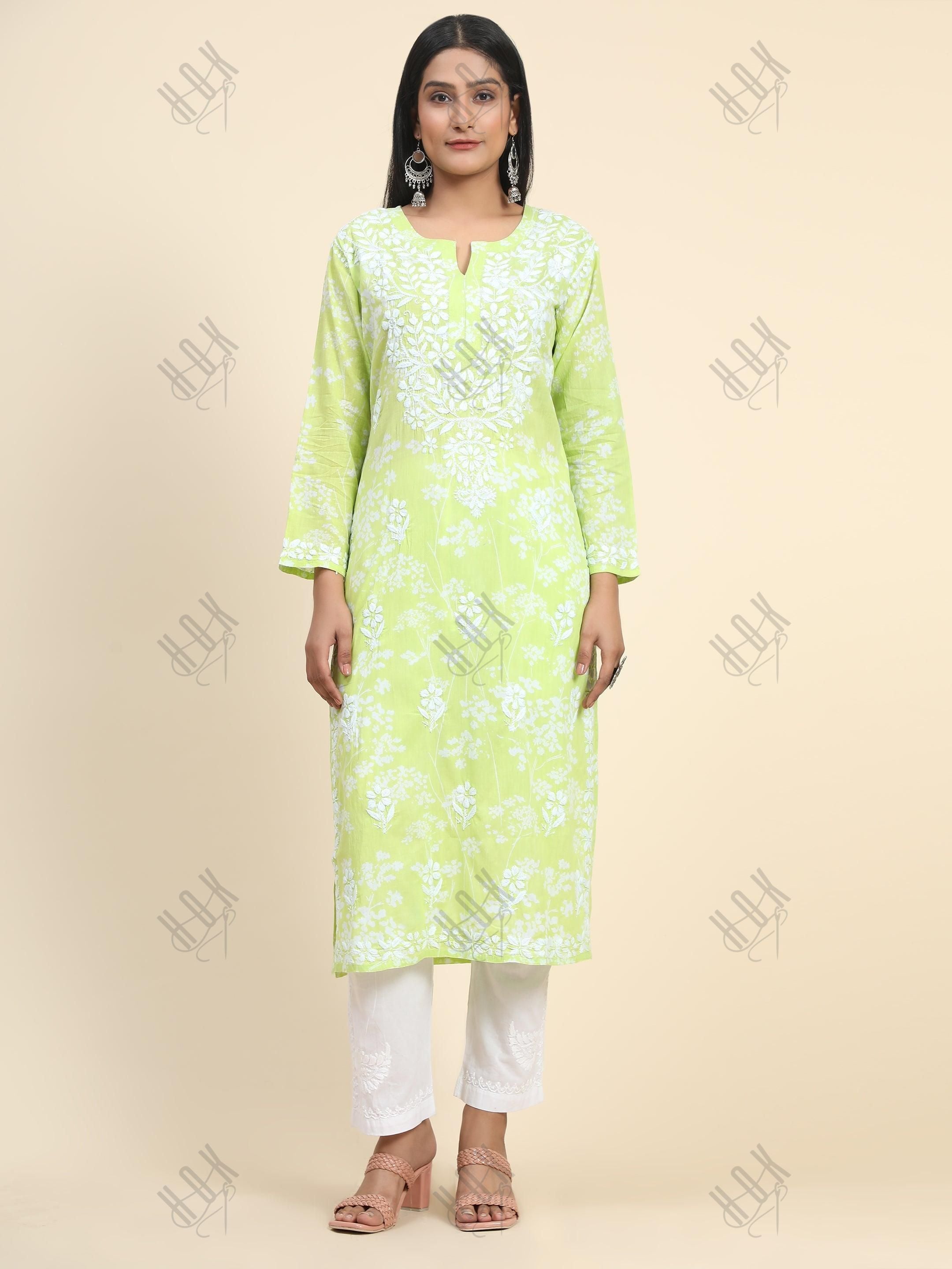 Samma Mul Printed Hand Embroidery Chikankari Kurta- Fluorescent Green - House Of Kari (Chikankari Clothing)