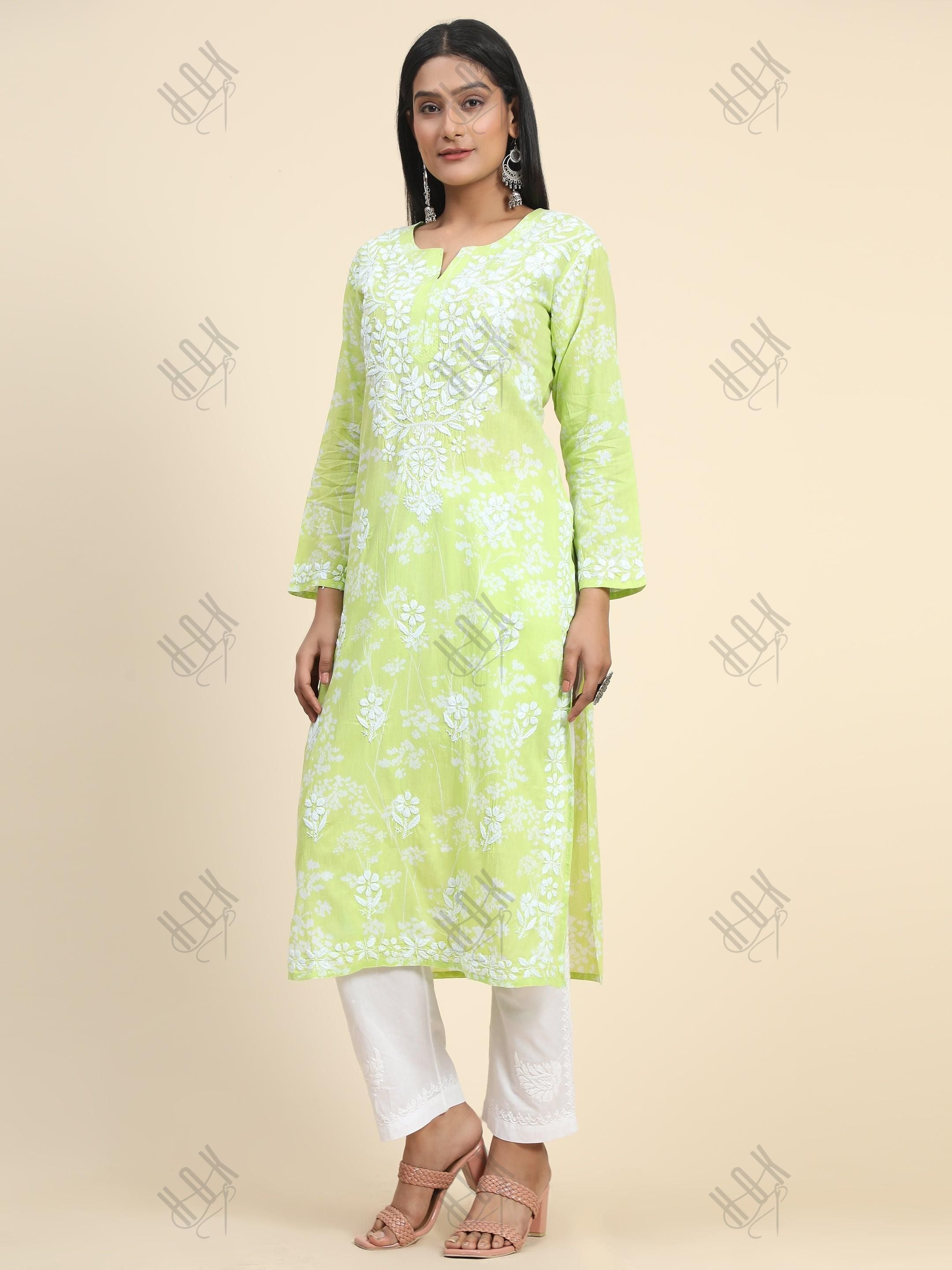 Samma Mul Printed Hand Embroidery Chikankari Kurta- Fluorescent Green - House Of Kari (Chikankari Clothing)