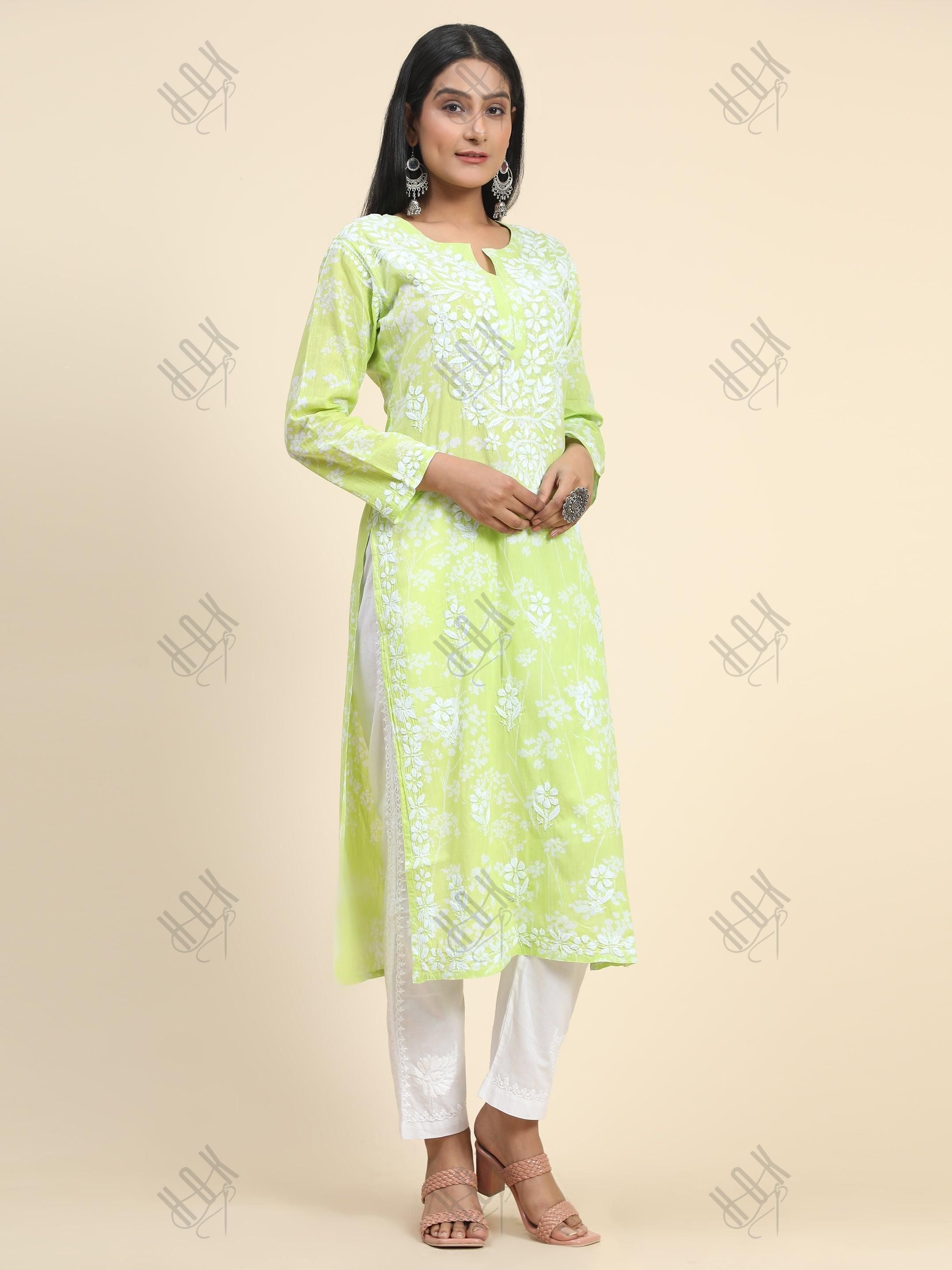 Samma Mul Printed Hand Embroidery Chikankari Kurta- Fluorescent Green - House Of Kari (Chikankari Clothing)